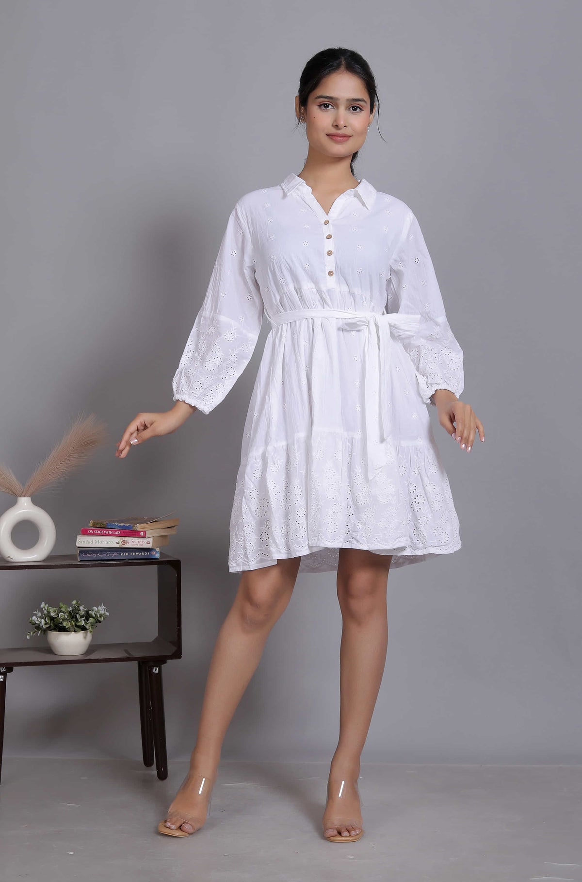 White Schiffli Tie-Waist Mini Dress