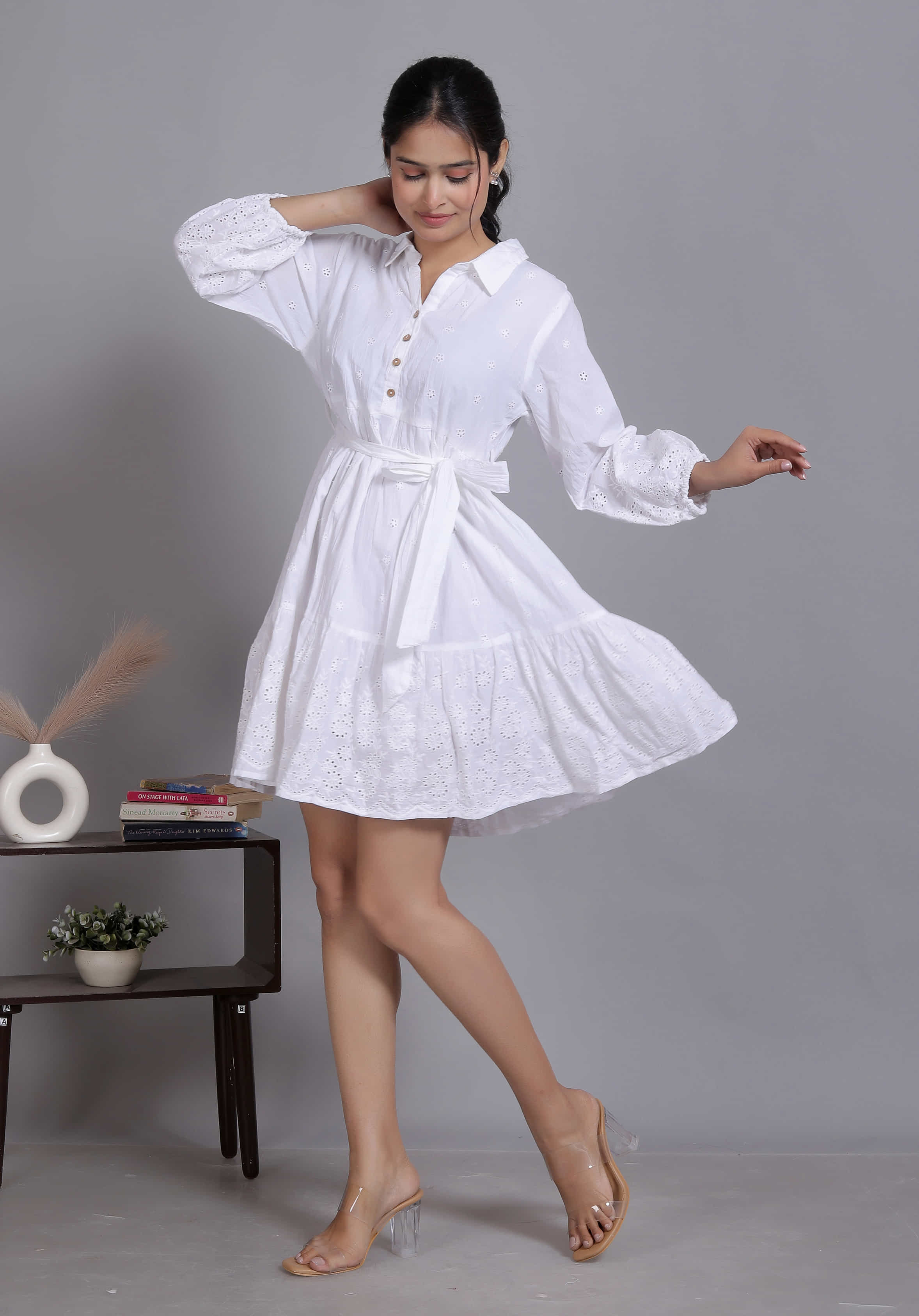 White Schiffli Tie-Waist Mini Dress
