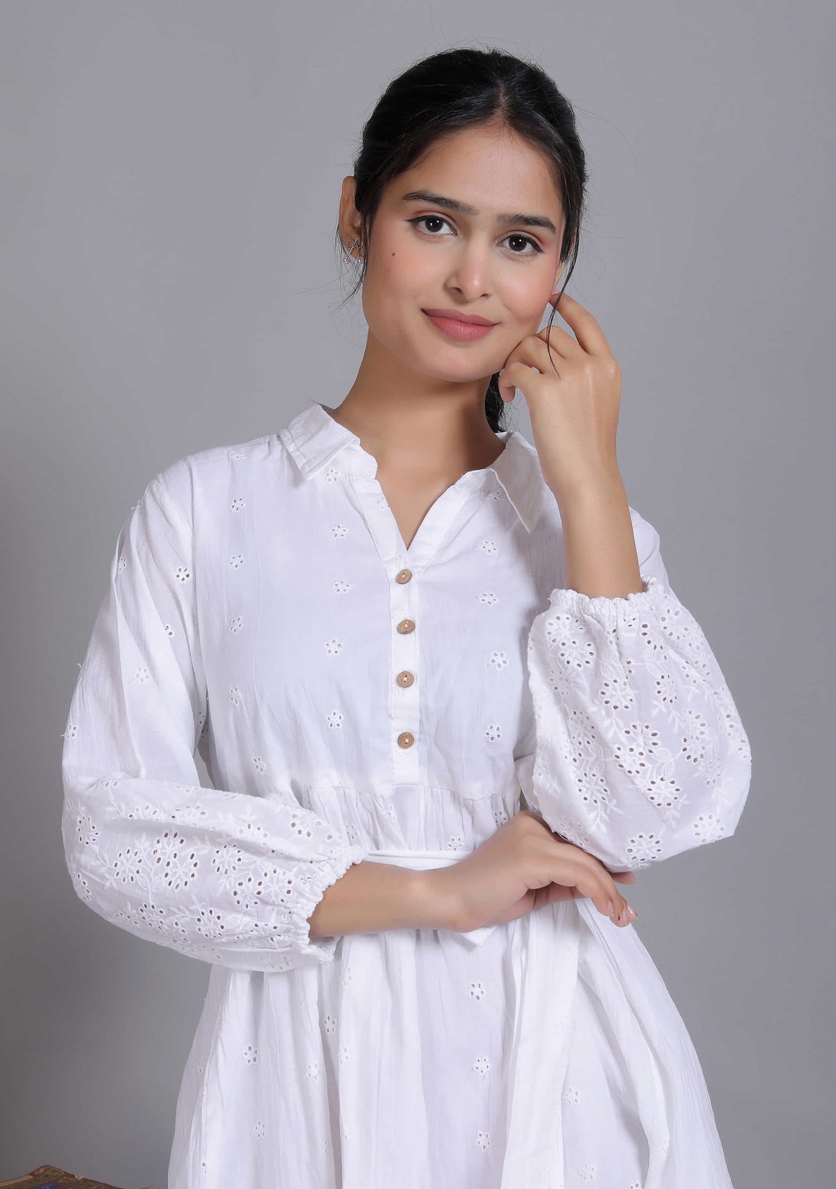 White Schiffli Tie-Waist Mini Dress
