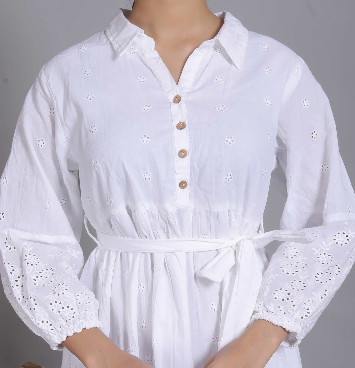 White Schiffli Tie-Waist Mini Dress