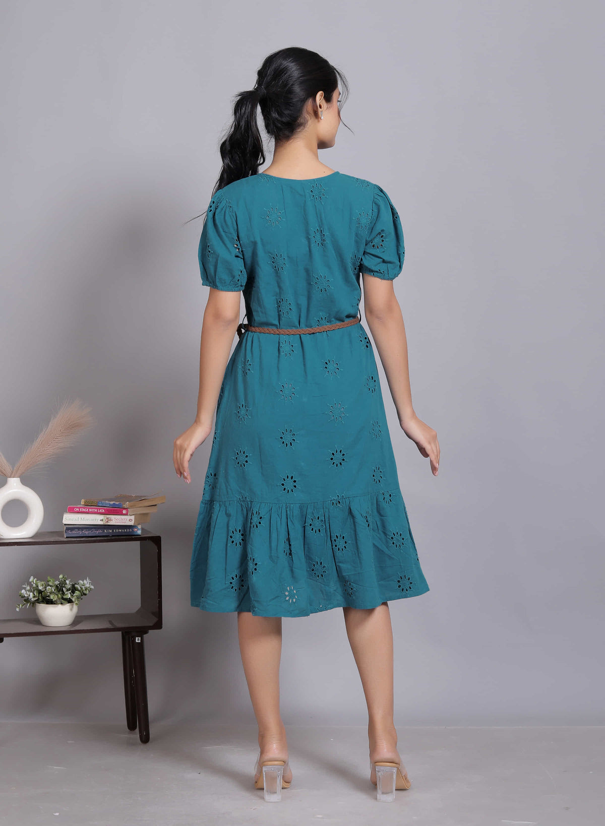 Teal Schiffli Button Midi Dress (Belt included)