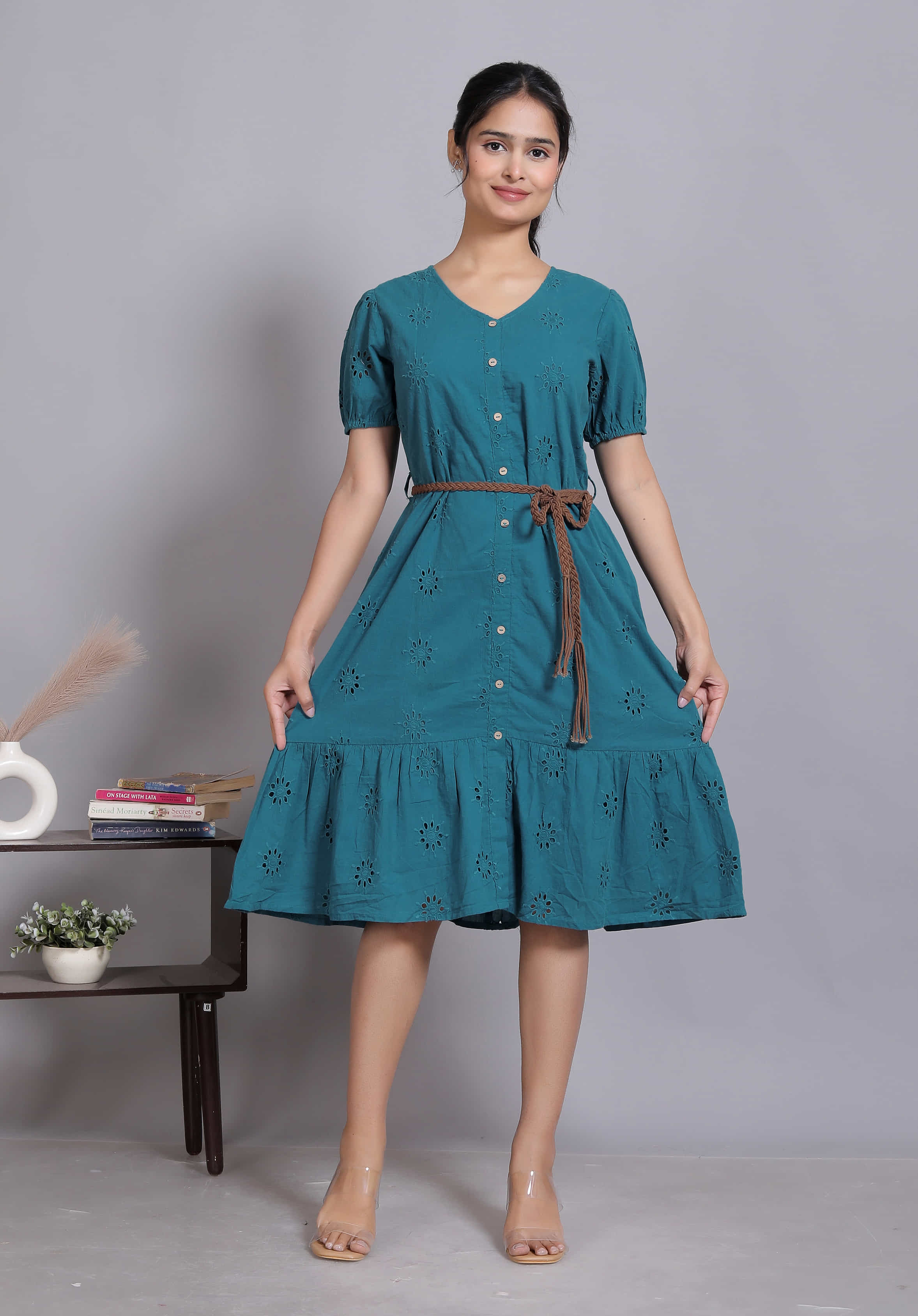Teal Schiffli Button Midi Dress (Belt included)