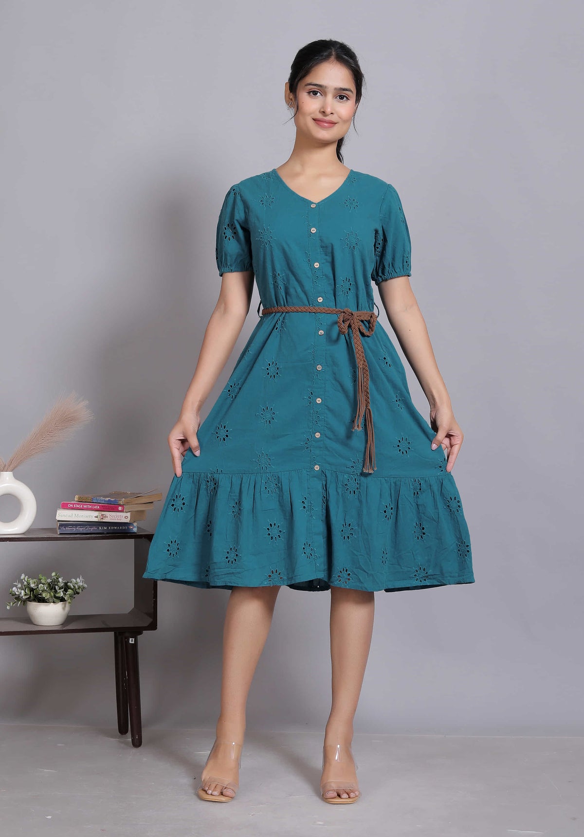Teal Schiffli Button Midi Dress (Belt included)