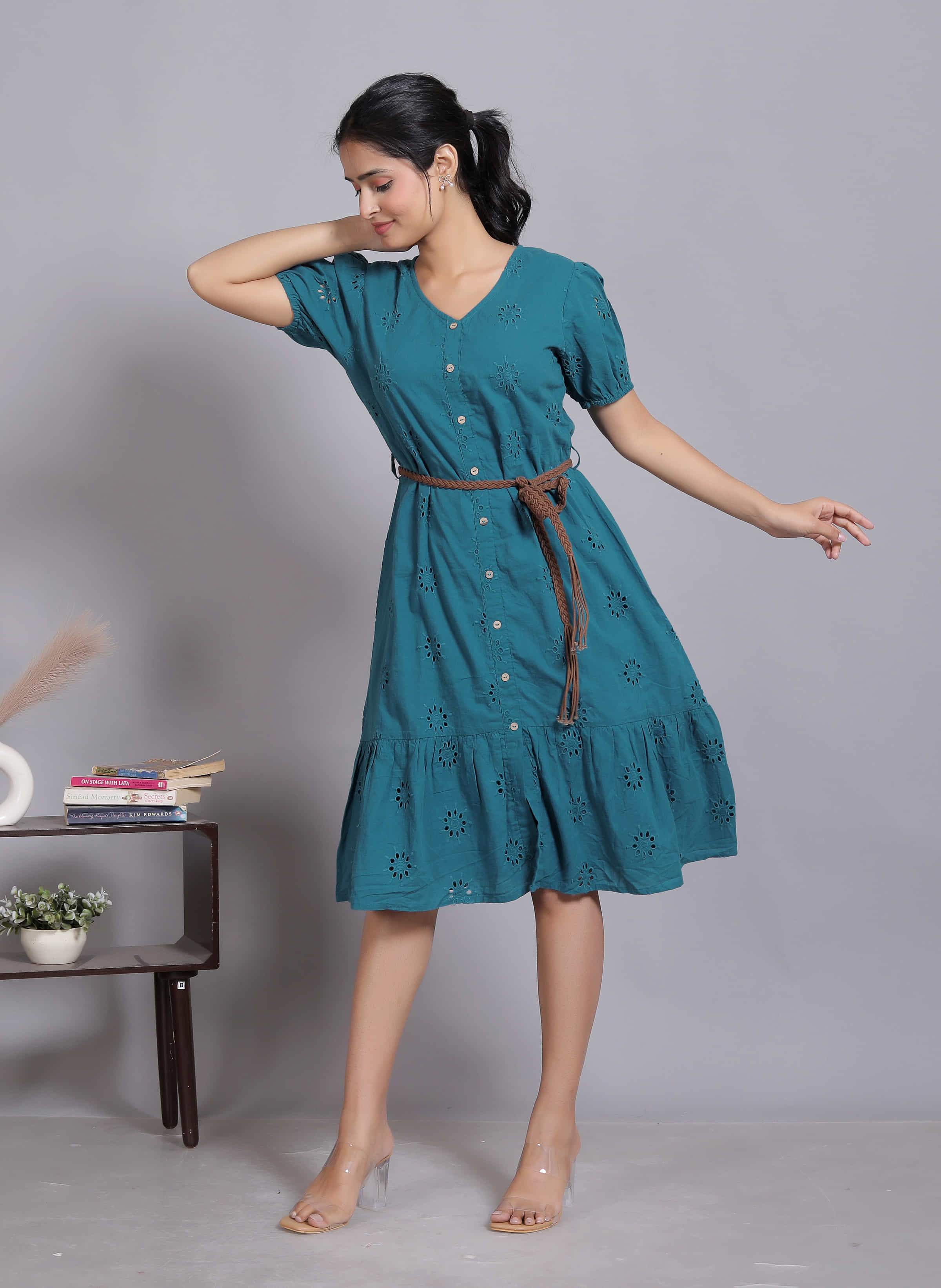 Teal Schiffli Button Midi Dress (Belt included)