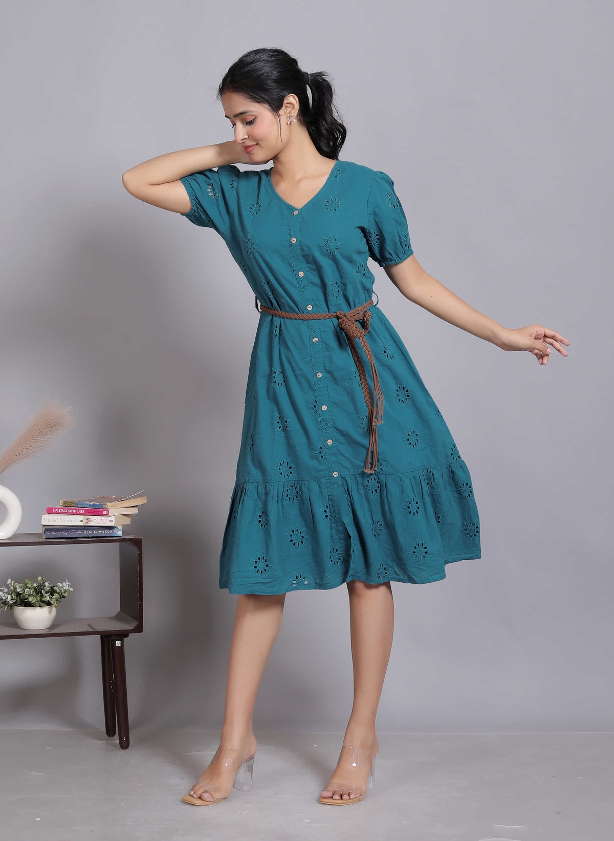 Teal Schiffli Button Midi Dress (Belt included)
