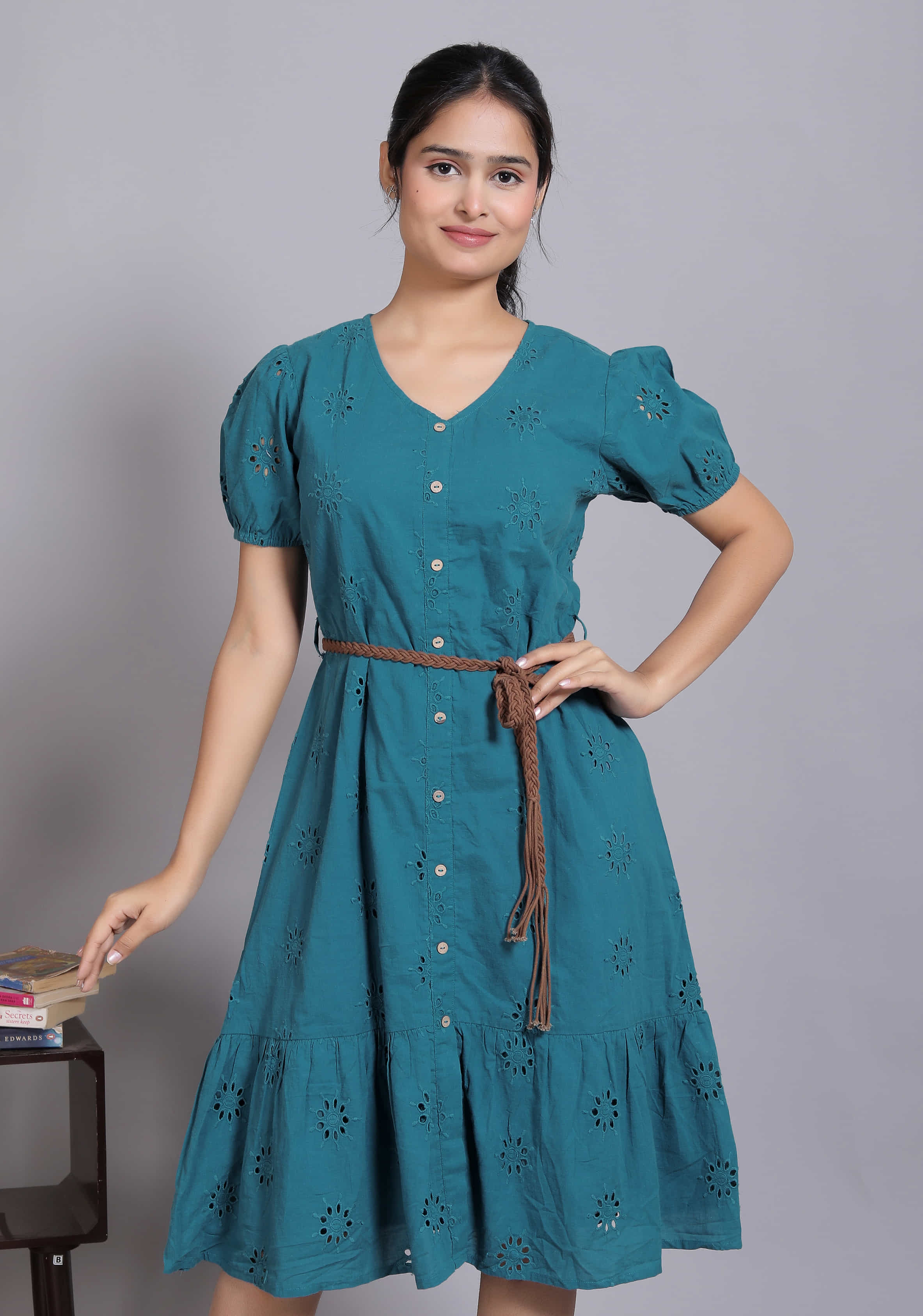Teal Schiffli Button Midi Dress (Belt included)