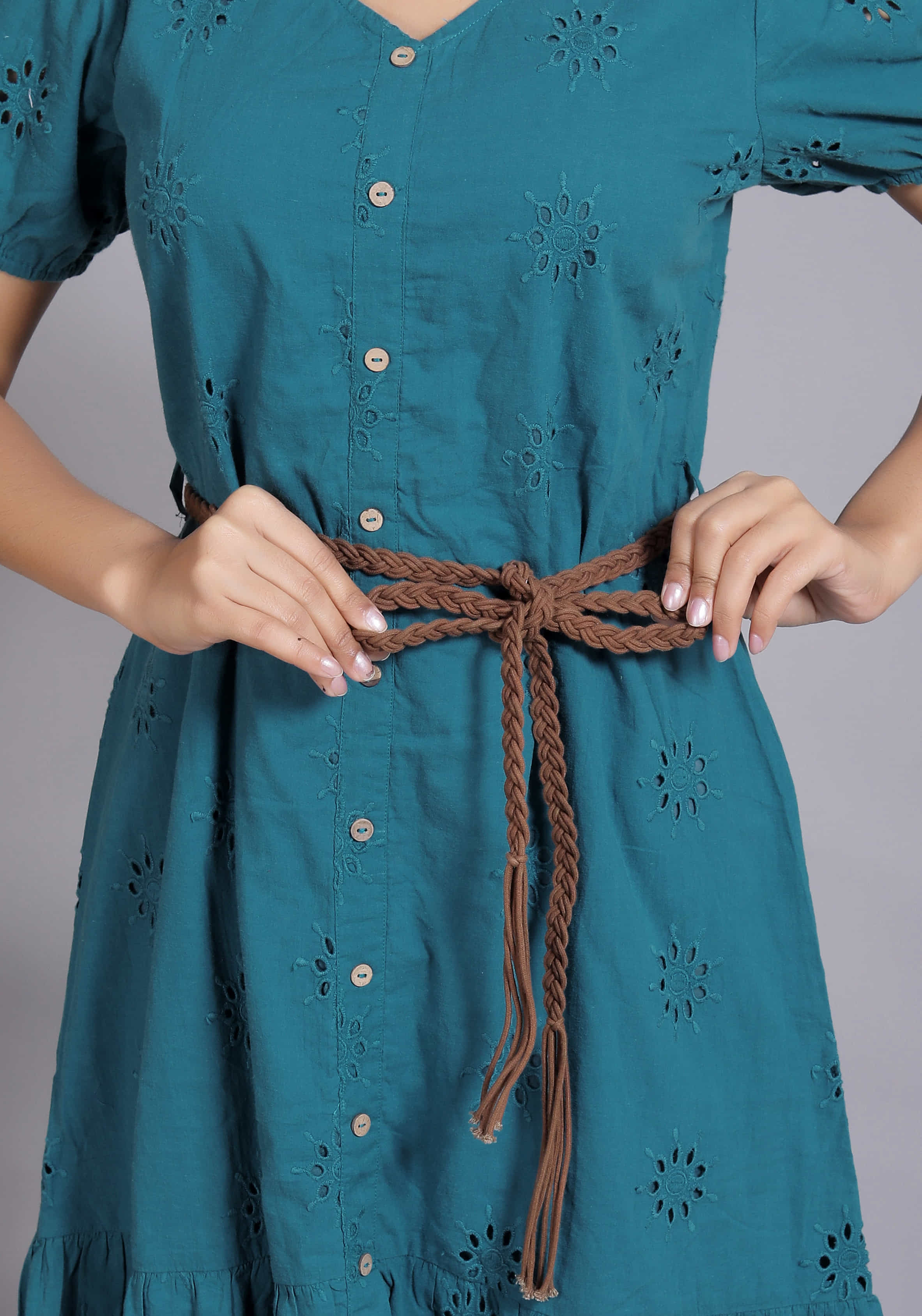 Teal Schiffli Button Midi Dress (Belt included)