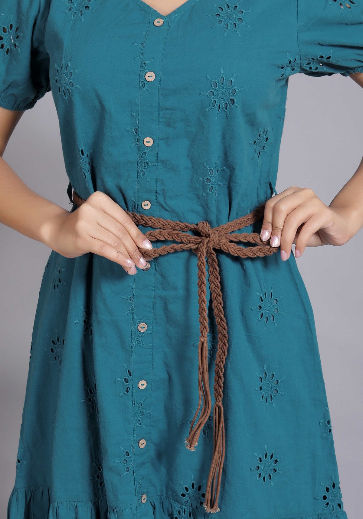 Teal Schiffli Button Midi Dress (Belt included)