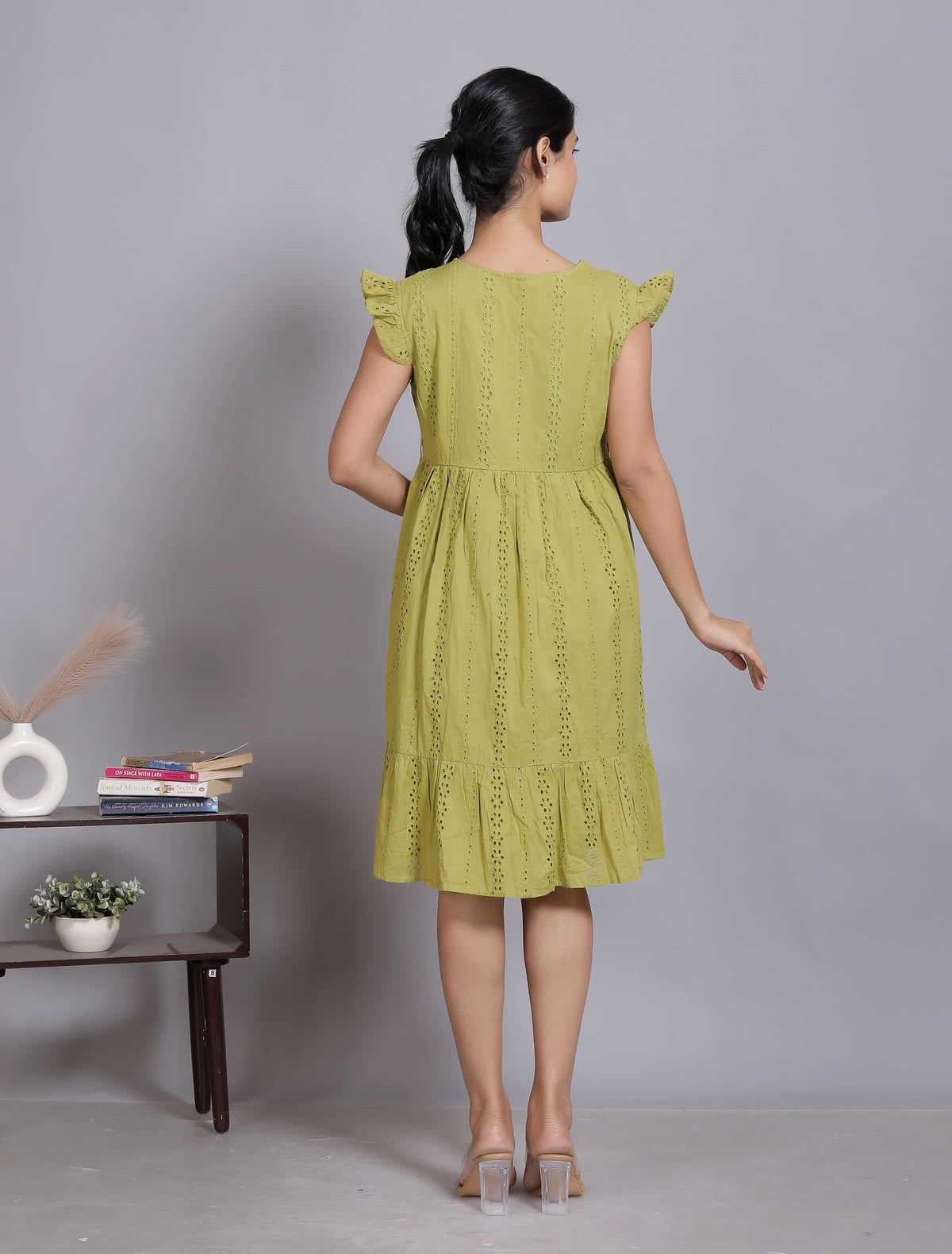 Green Schiffli Flutter Midi Dress