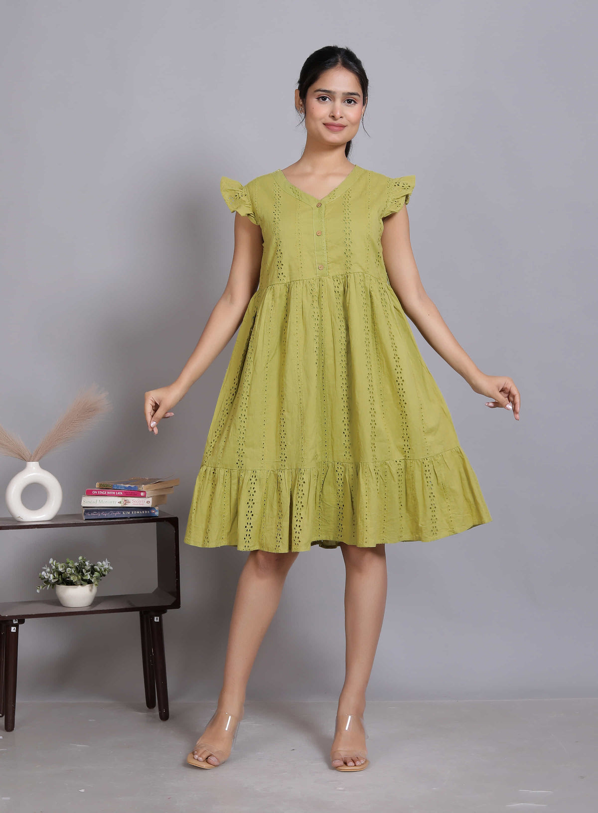 Green Schiffli Flutter Midi Dress