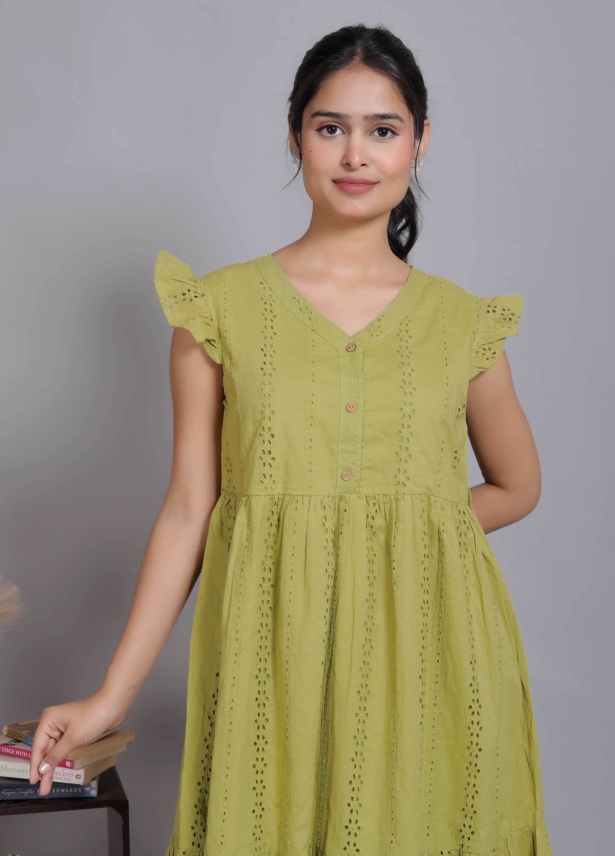 Green Schiffli Flutter Midi Dress