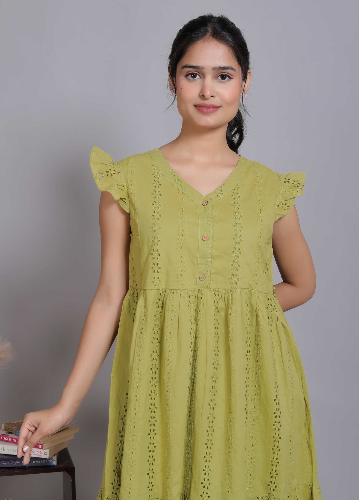 Green Schiffli Flutter Midi Dress
