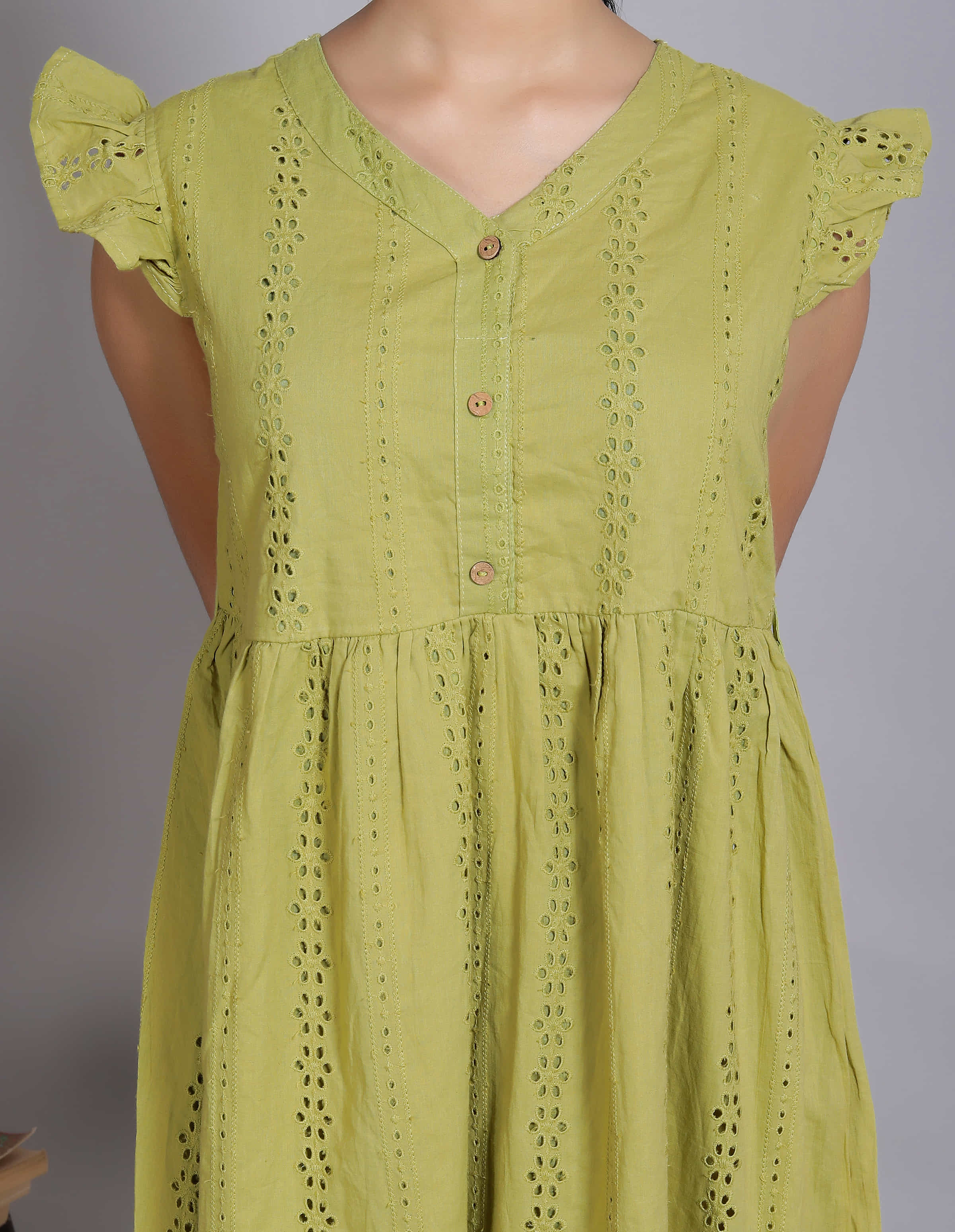 Green Schiffli Flutter Midi Dress