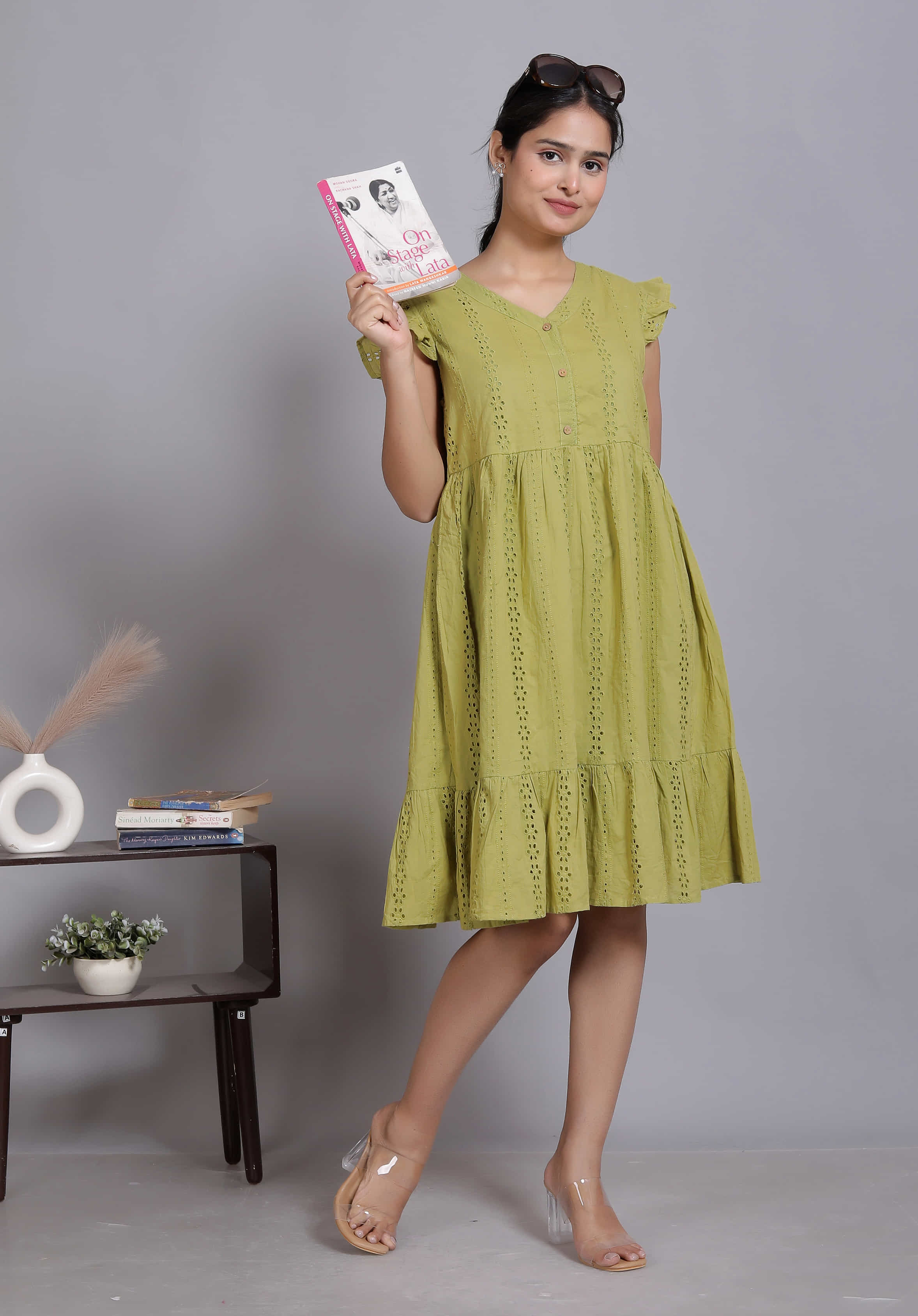 Green Schiffli Flutter Midi Dress