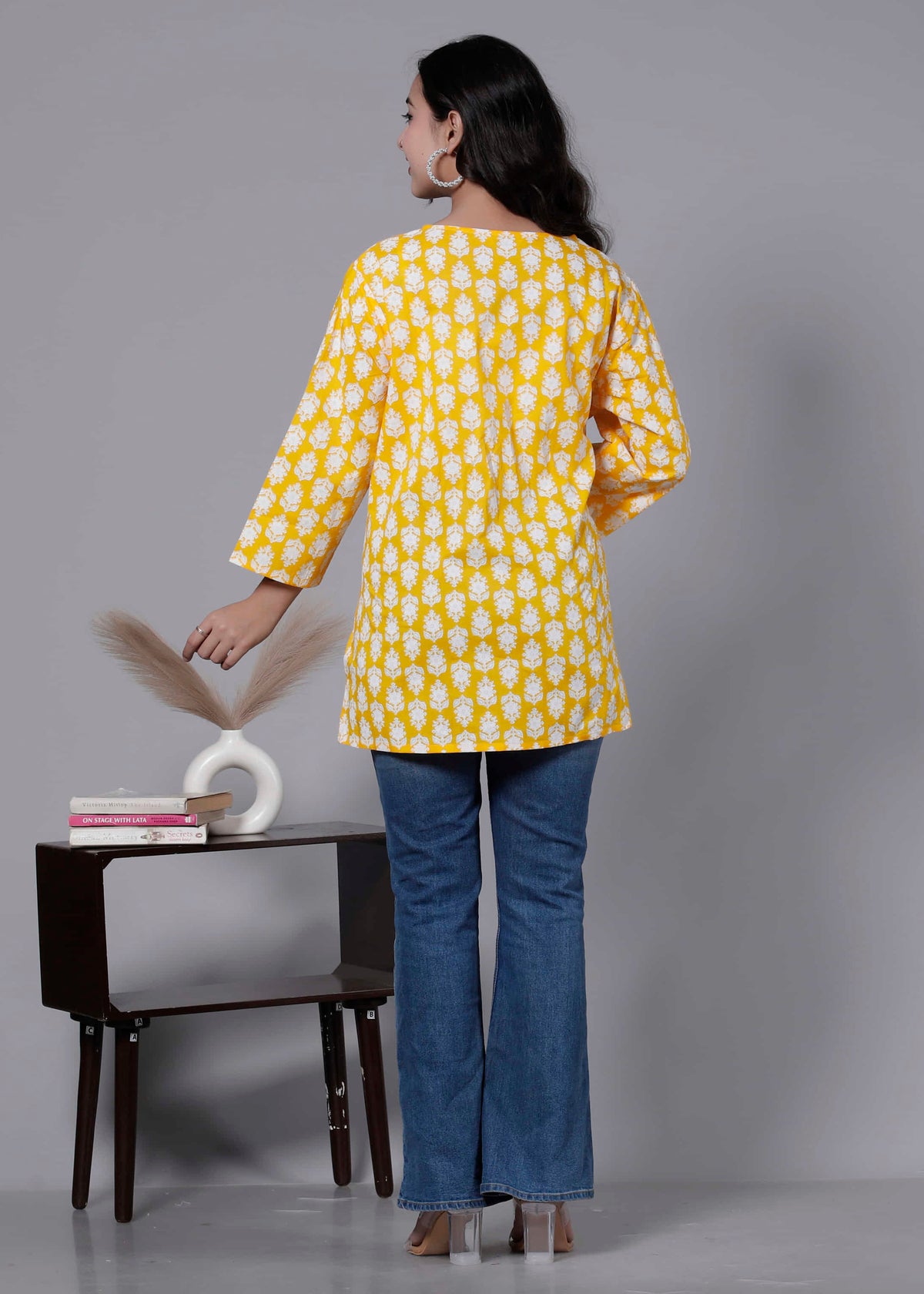 Yellow Cotton Printed Kurti Top