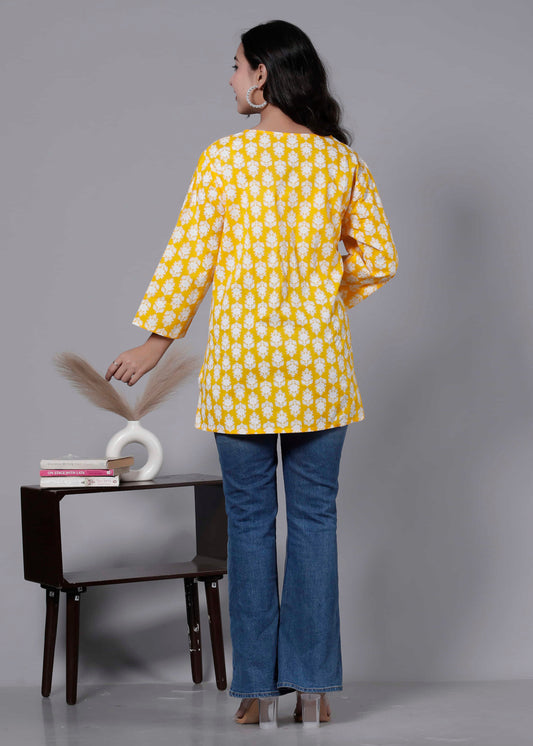 Yellow Cotton Printed Kurti Top
