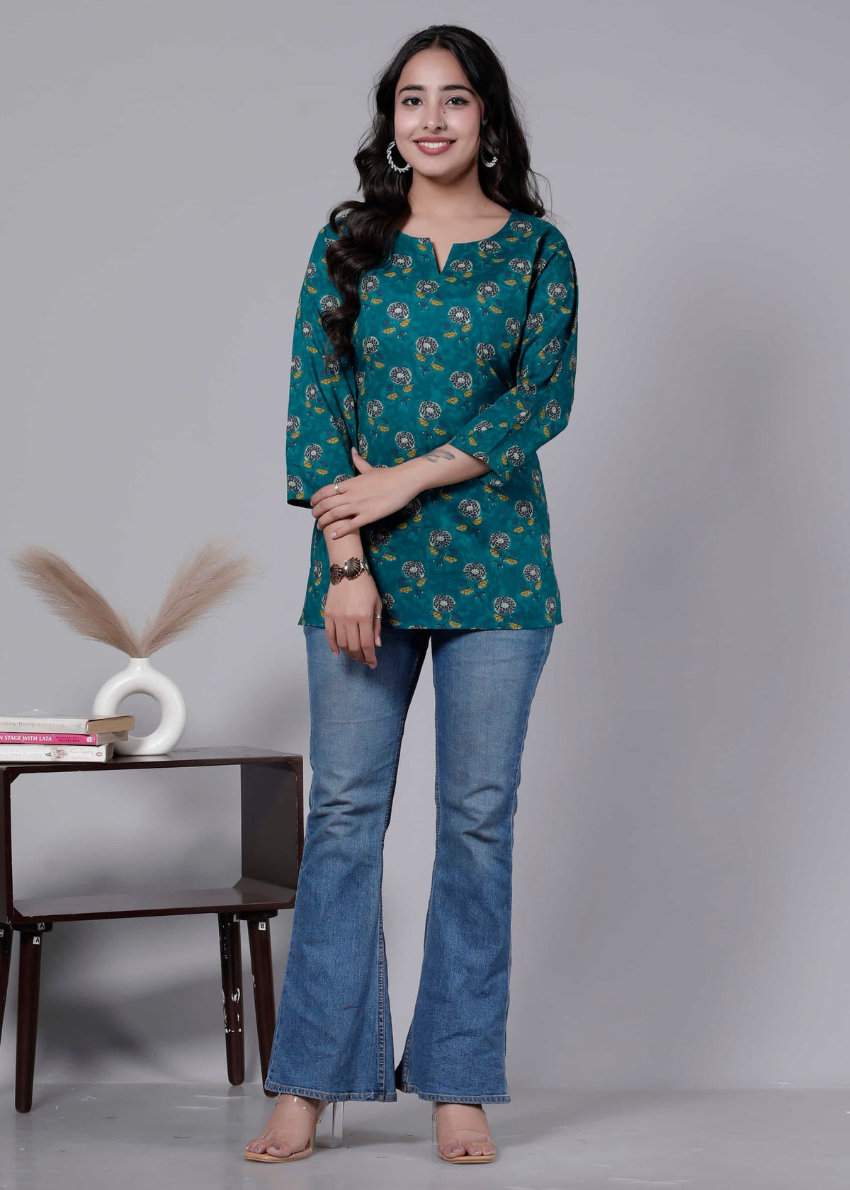 Blue Cotton Printed Kurti Top