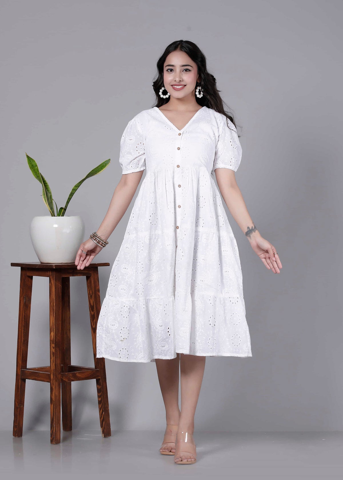 White Eyelet Cotton Puff Sleeve Tiered Dress