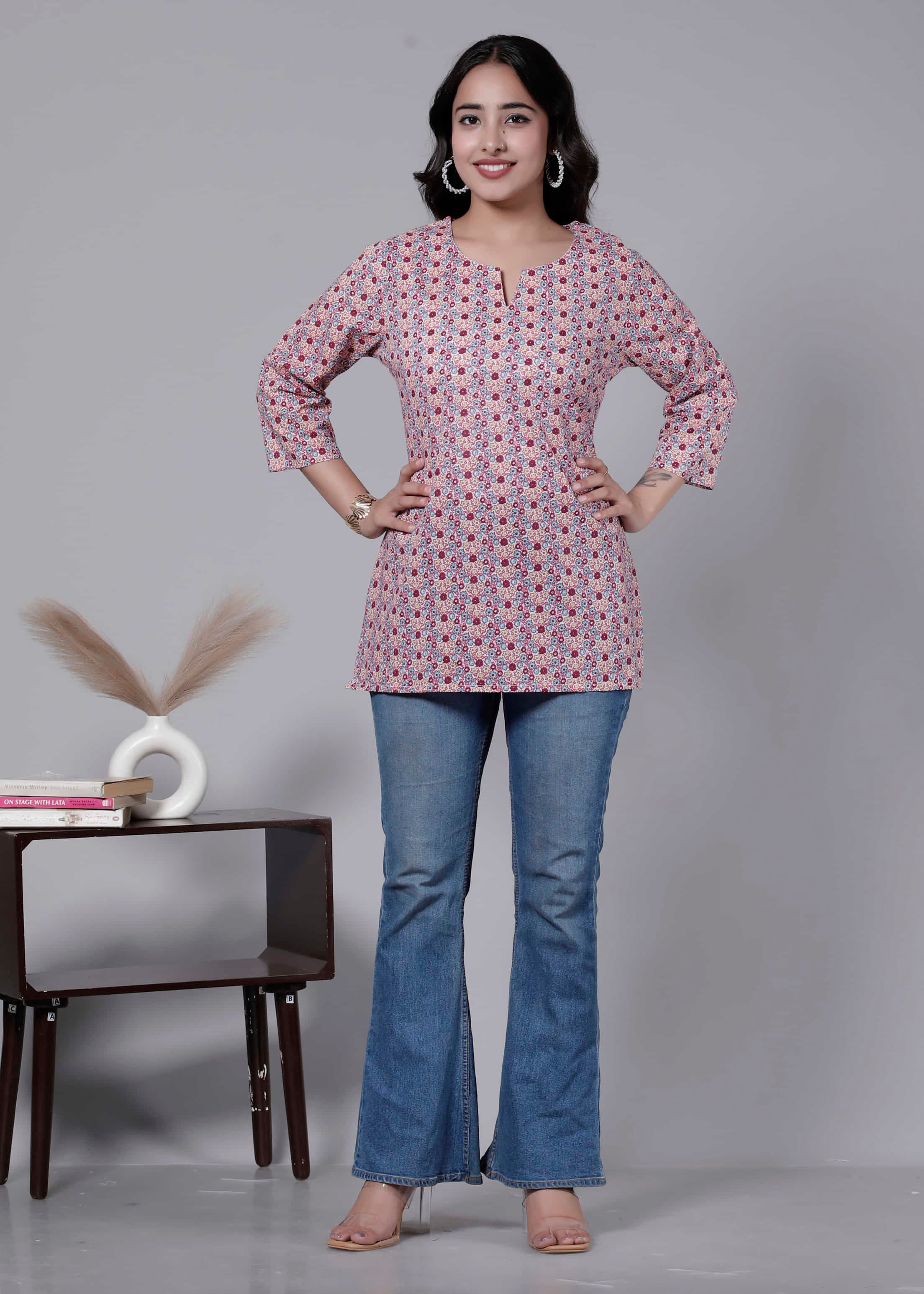Pink Cotton Printed Kurti Top