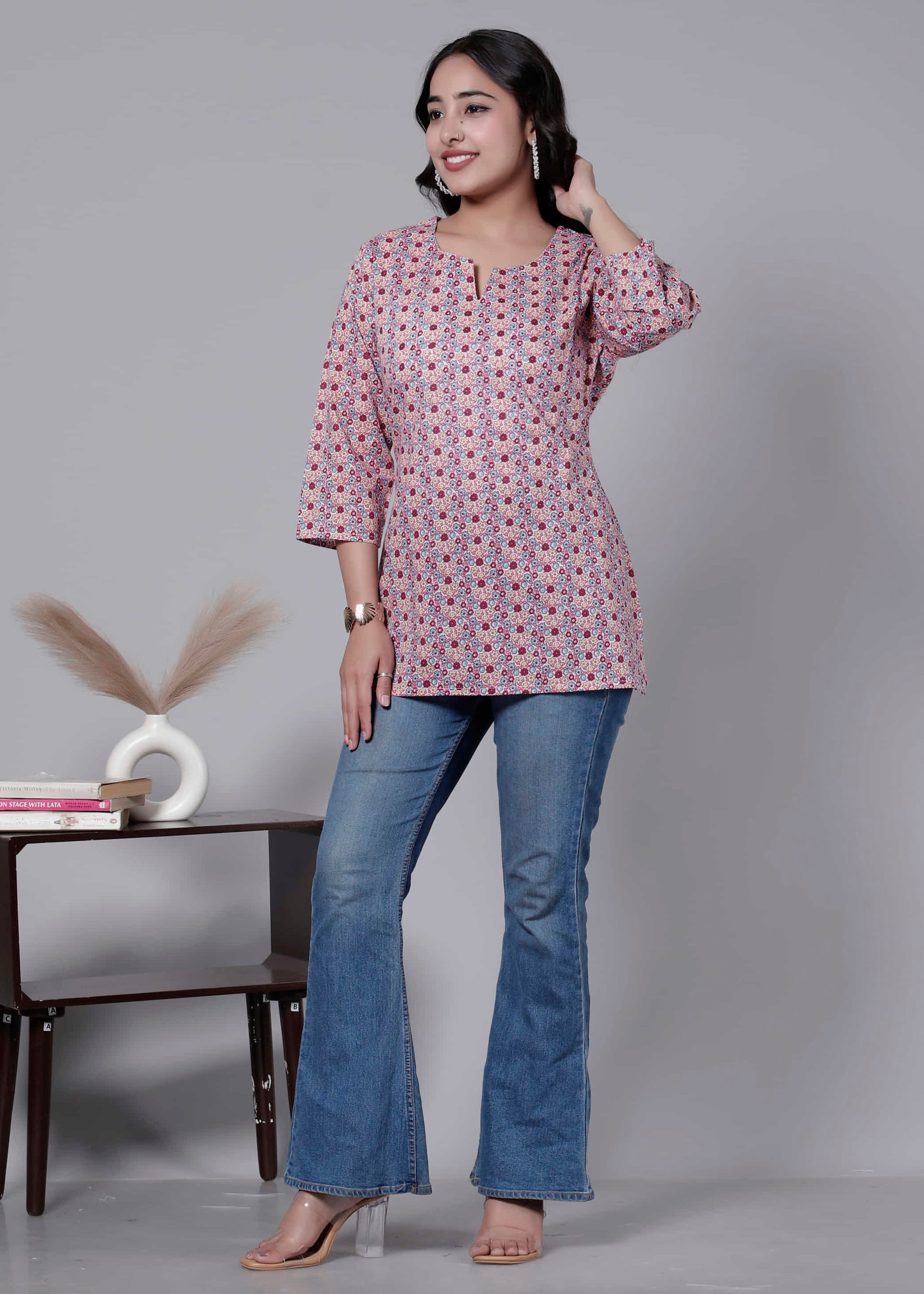 Pink Cotton Printed Kurti Top