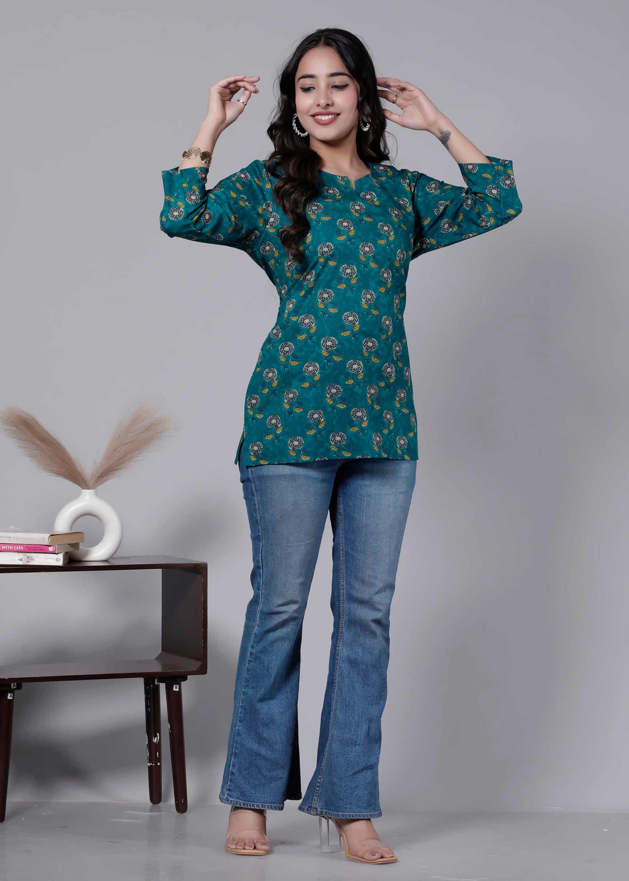 Blue Cotton Printed Kurti Top