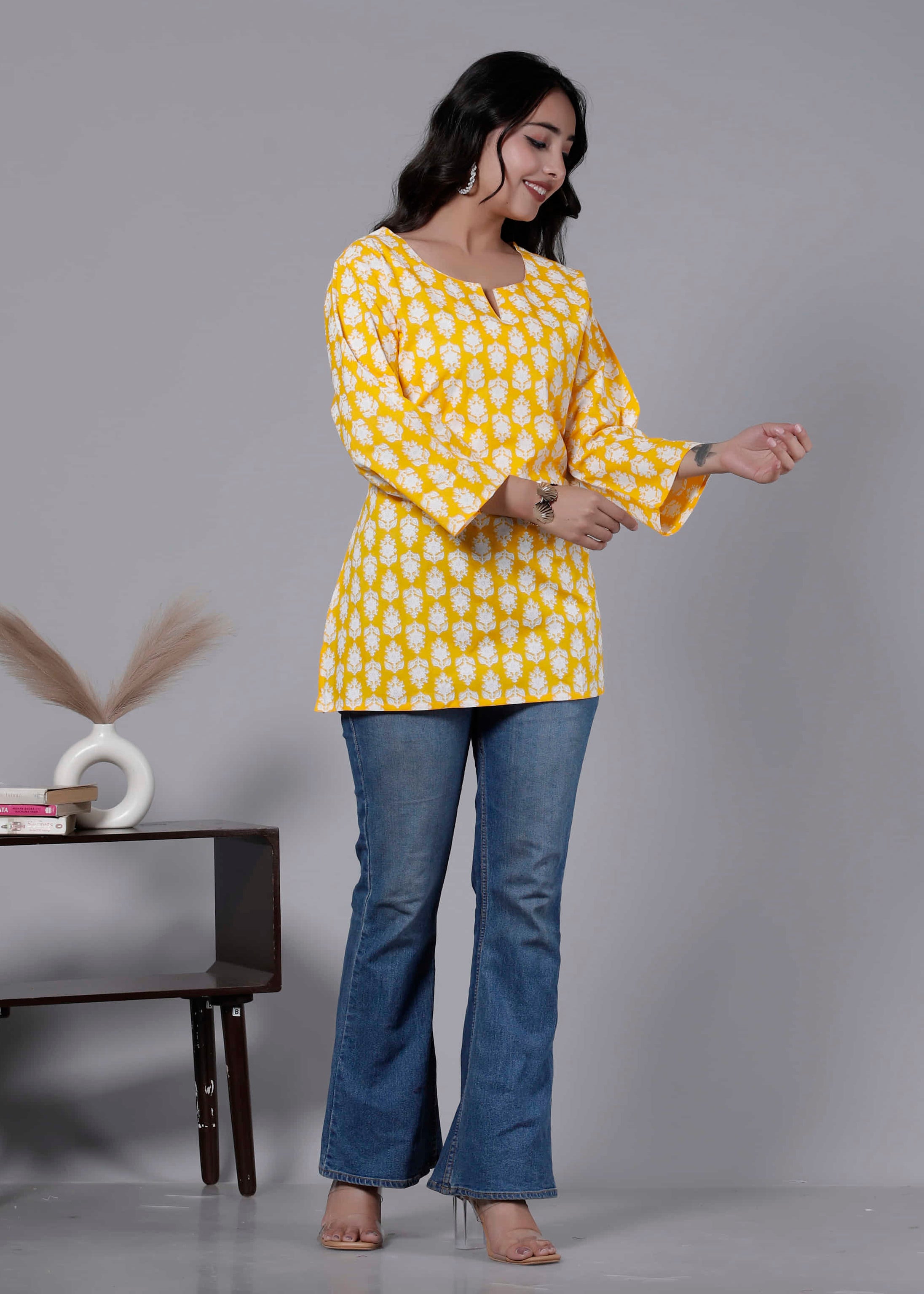 Yellow Cotton Printed Kurti Top