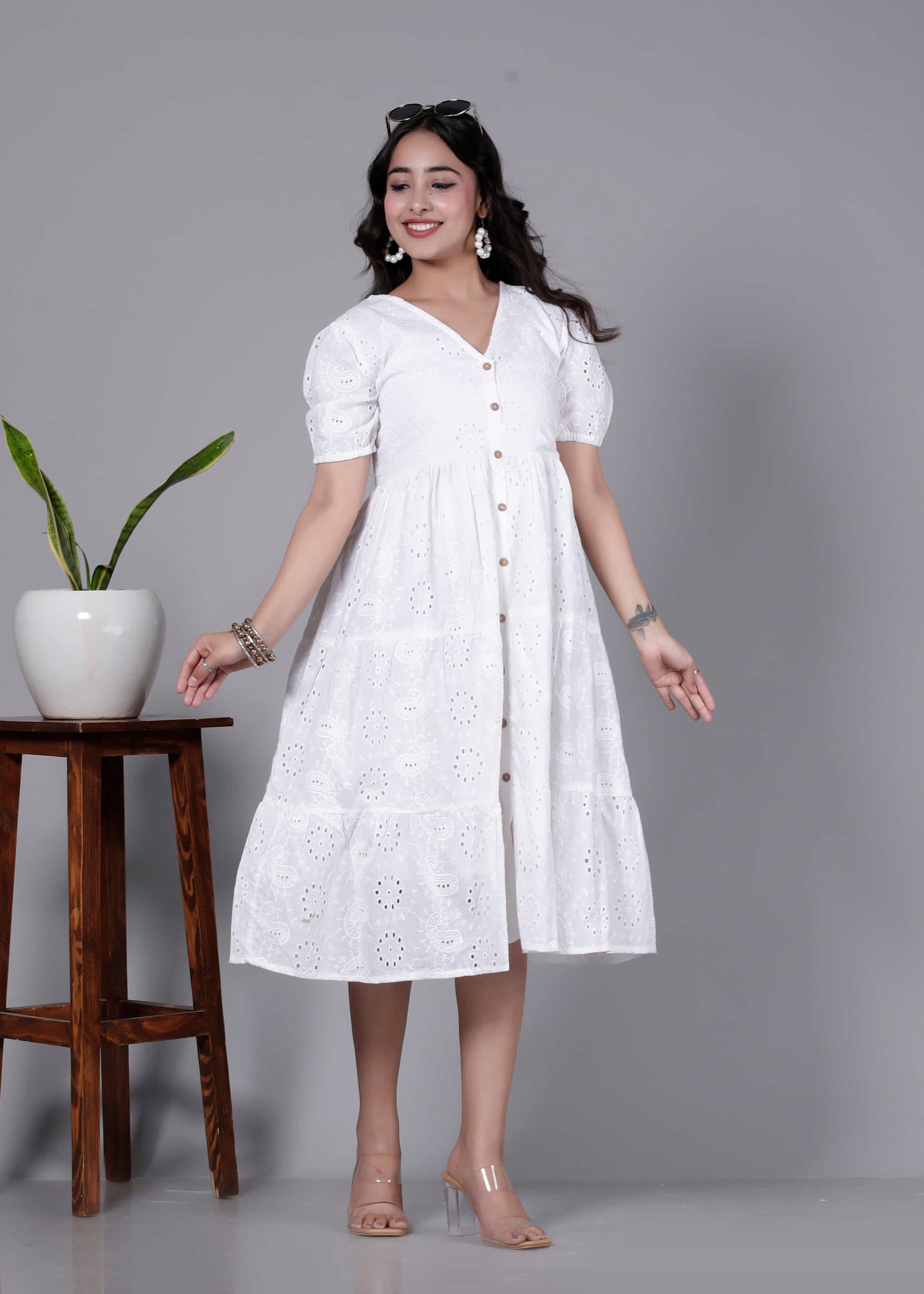 White Eyelet Cotton Puff Sleeve Tiered Dress