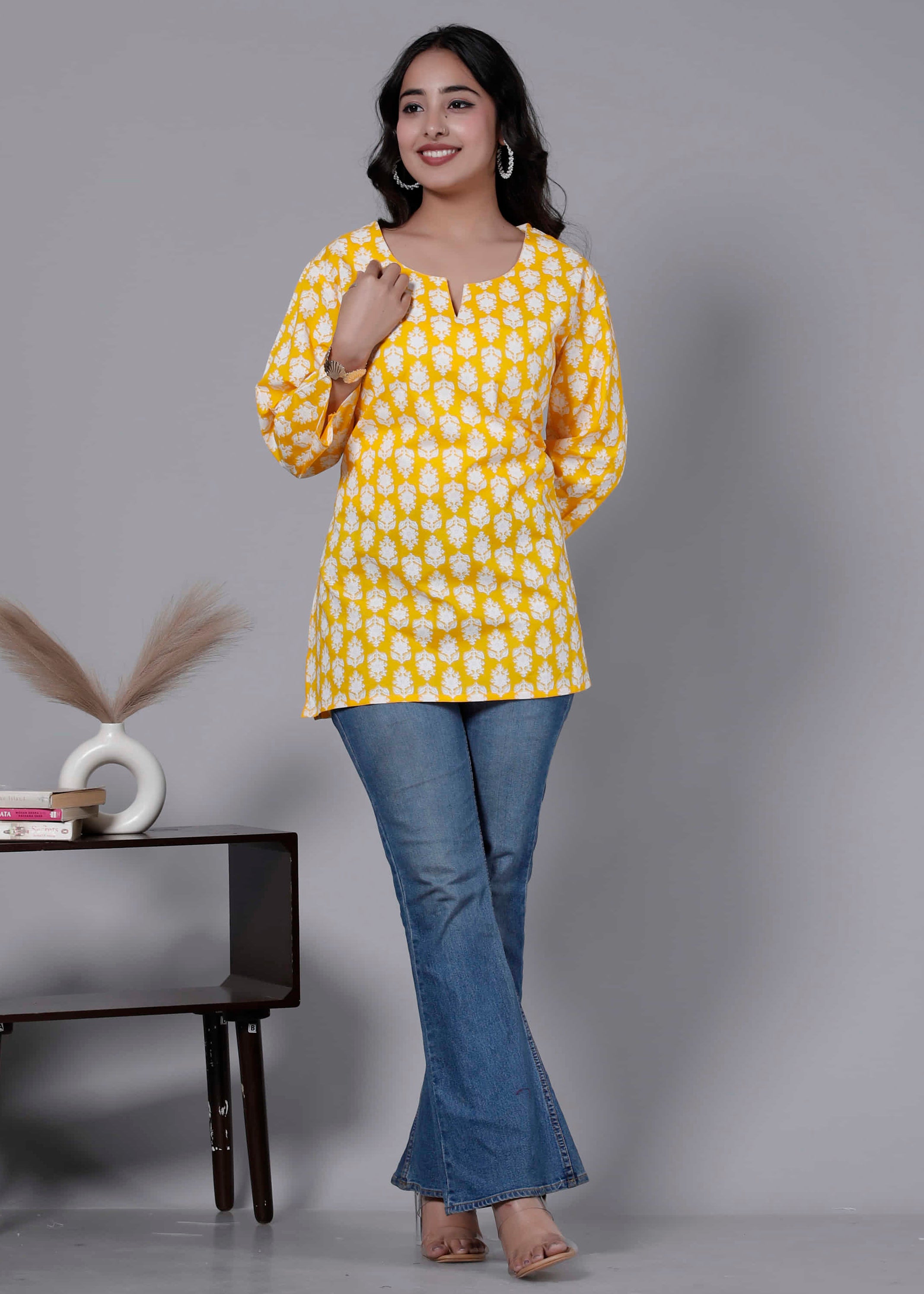 Yellow Cotton Printed Kurti Top
