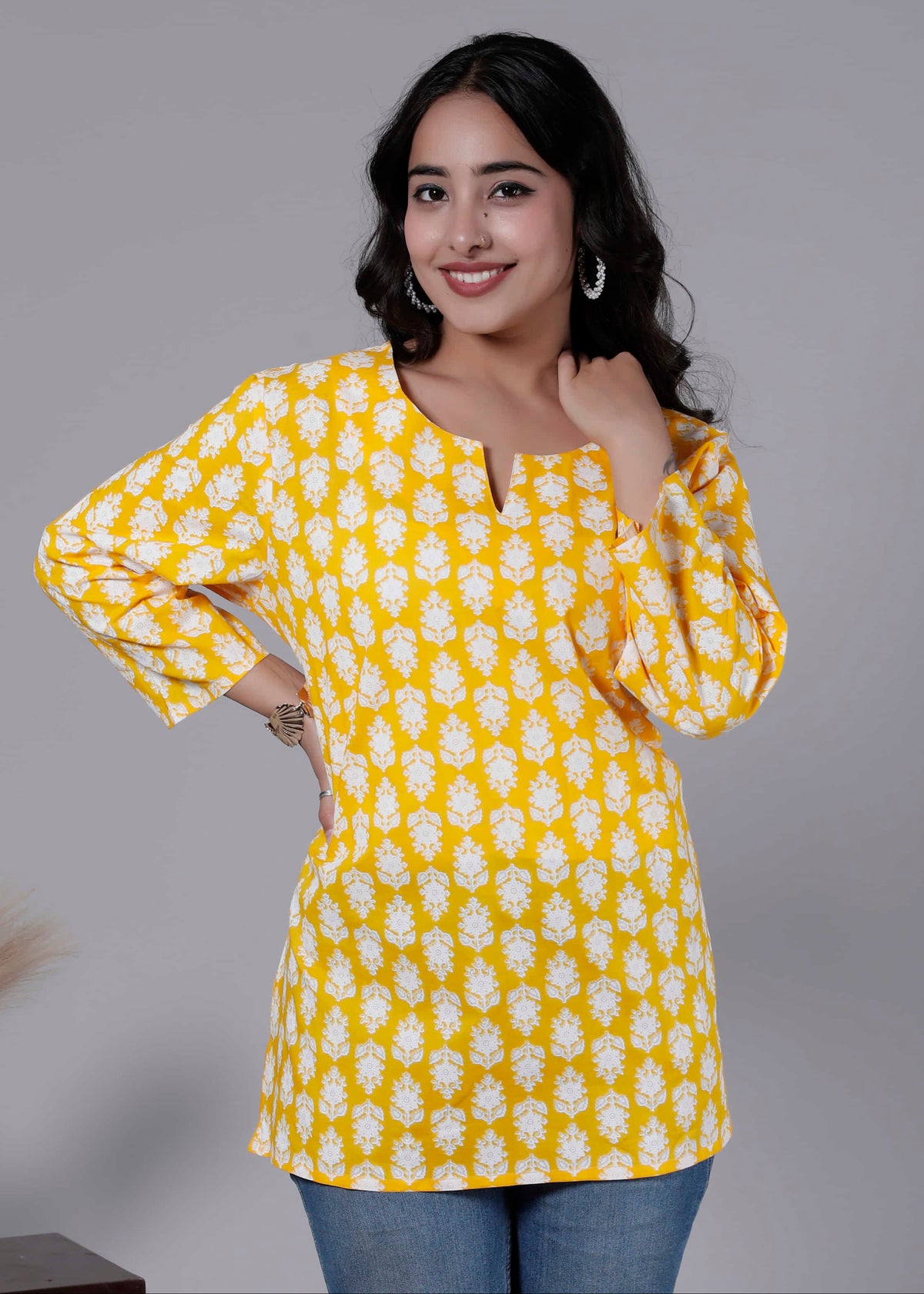 Yellow Cotton Printed Kurti Top