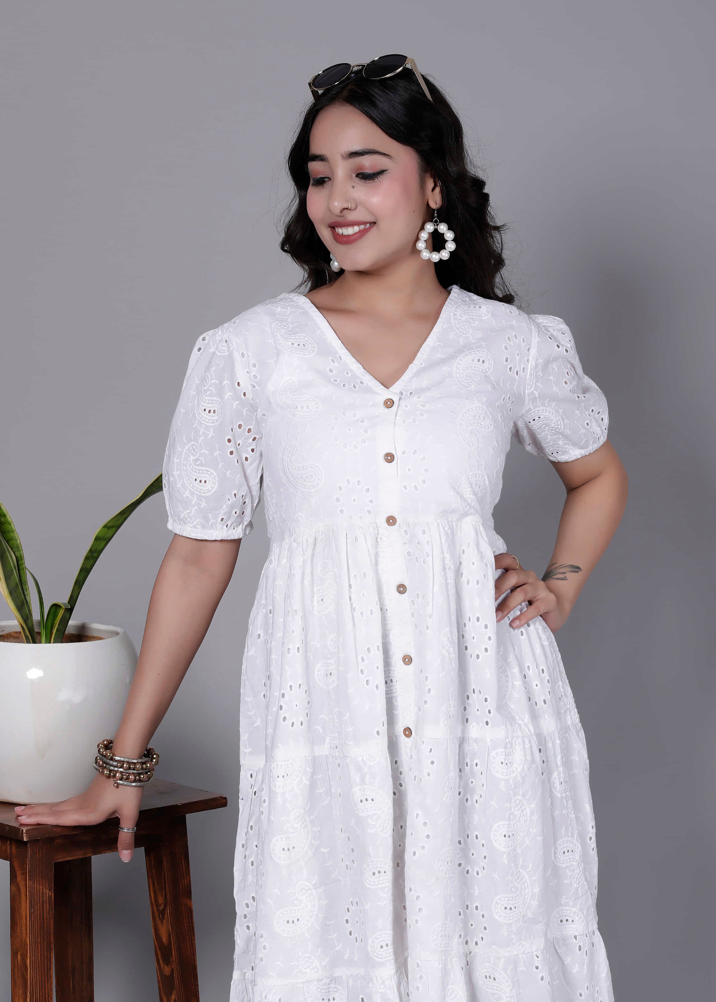 White Eyelet Cotton Puff Sleeve Tiered Dress