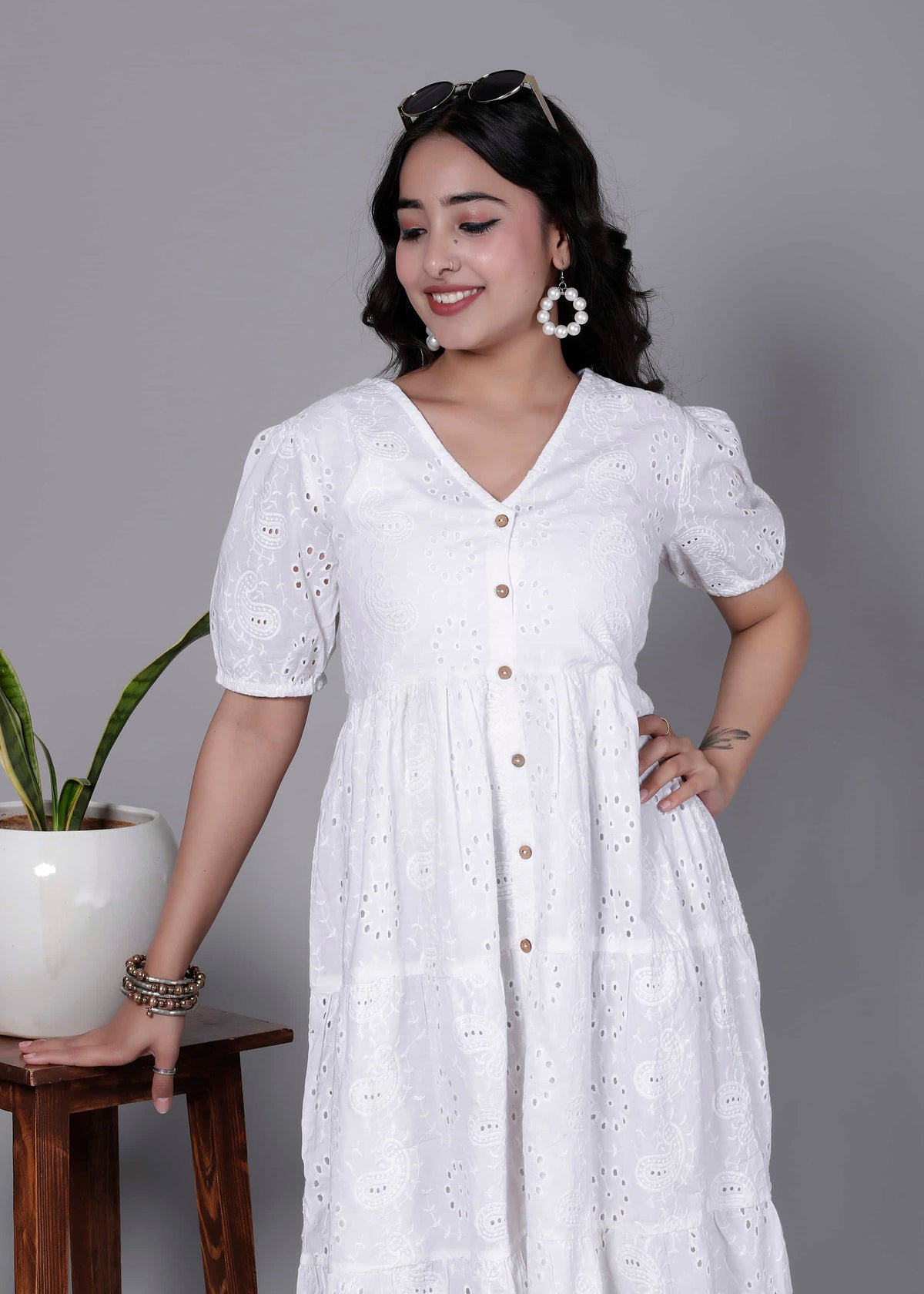 White Eyelet Cotton Puff Sleeve Tiered Dress