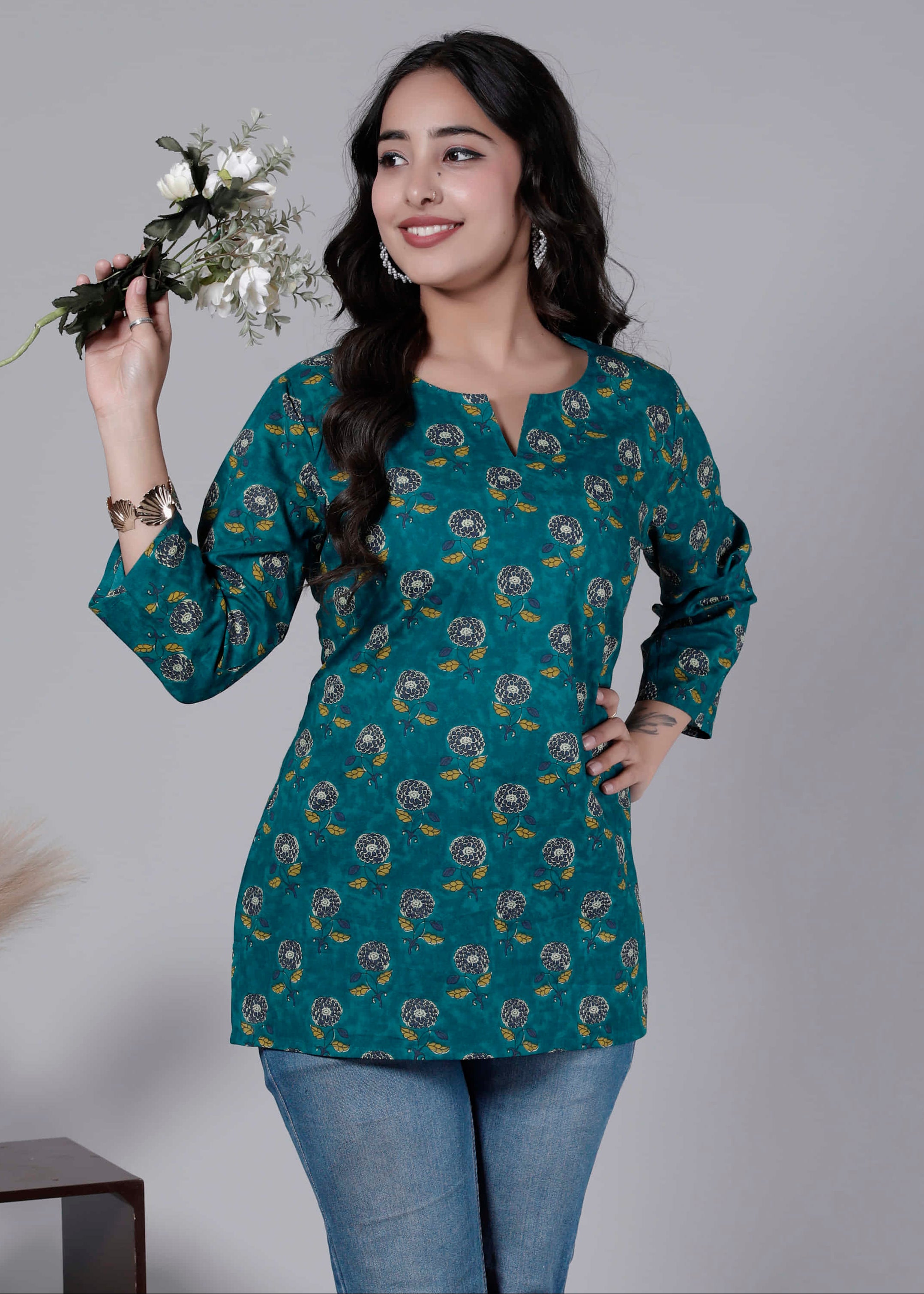 Blue Cotton Printed Kurti Top