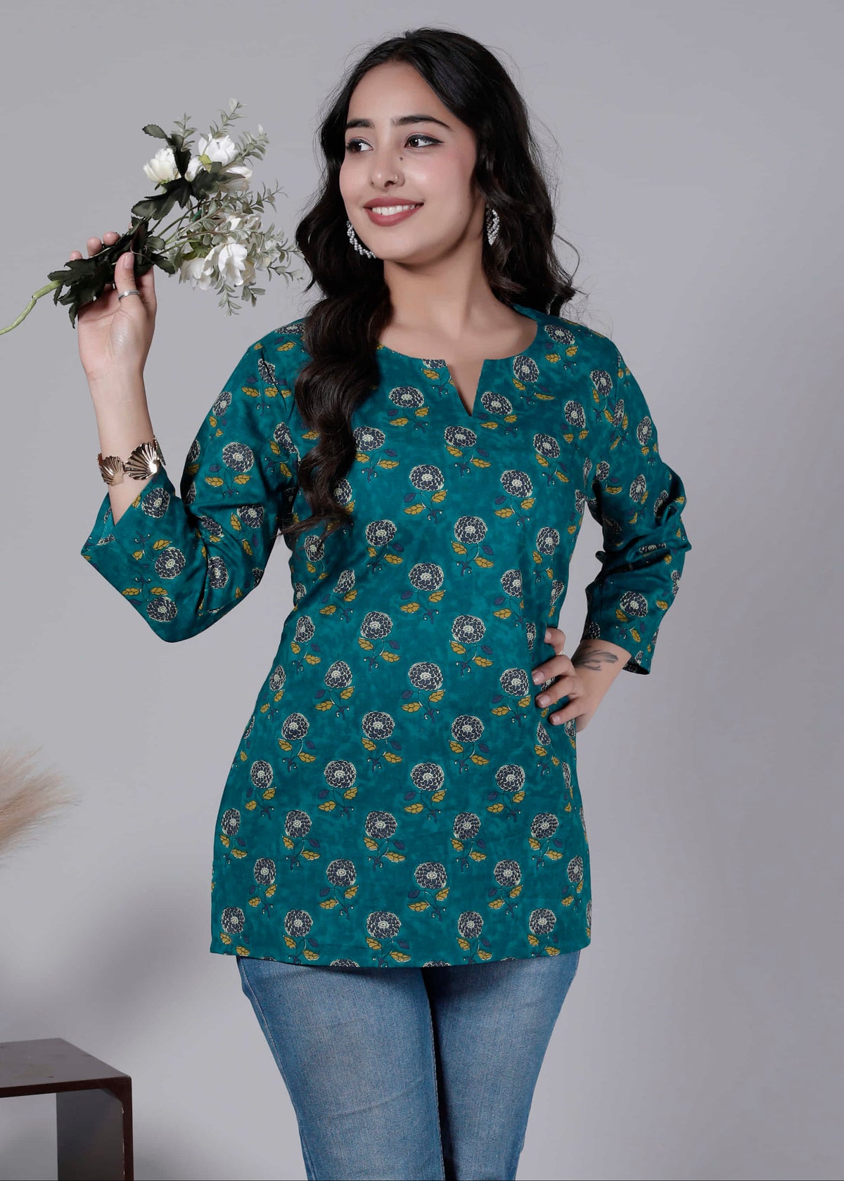 Blue Cotton Printed Kurti Top