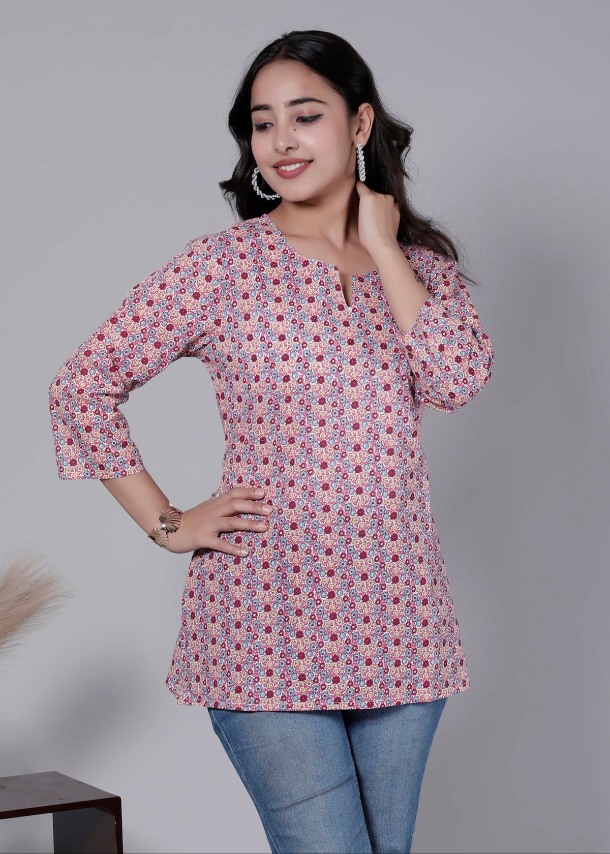 Pink Cotton Printed Kurti Top