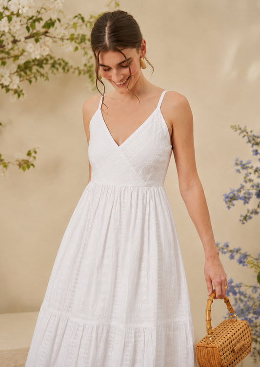 White Spaghetti Tiered Midi Dress