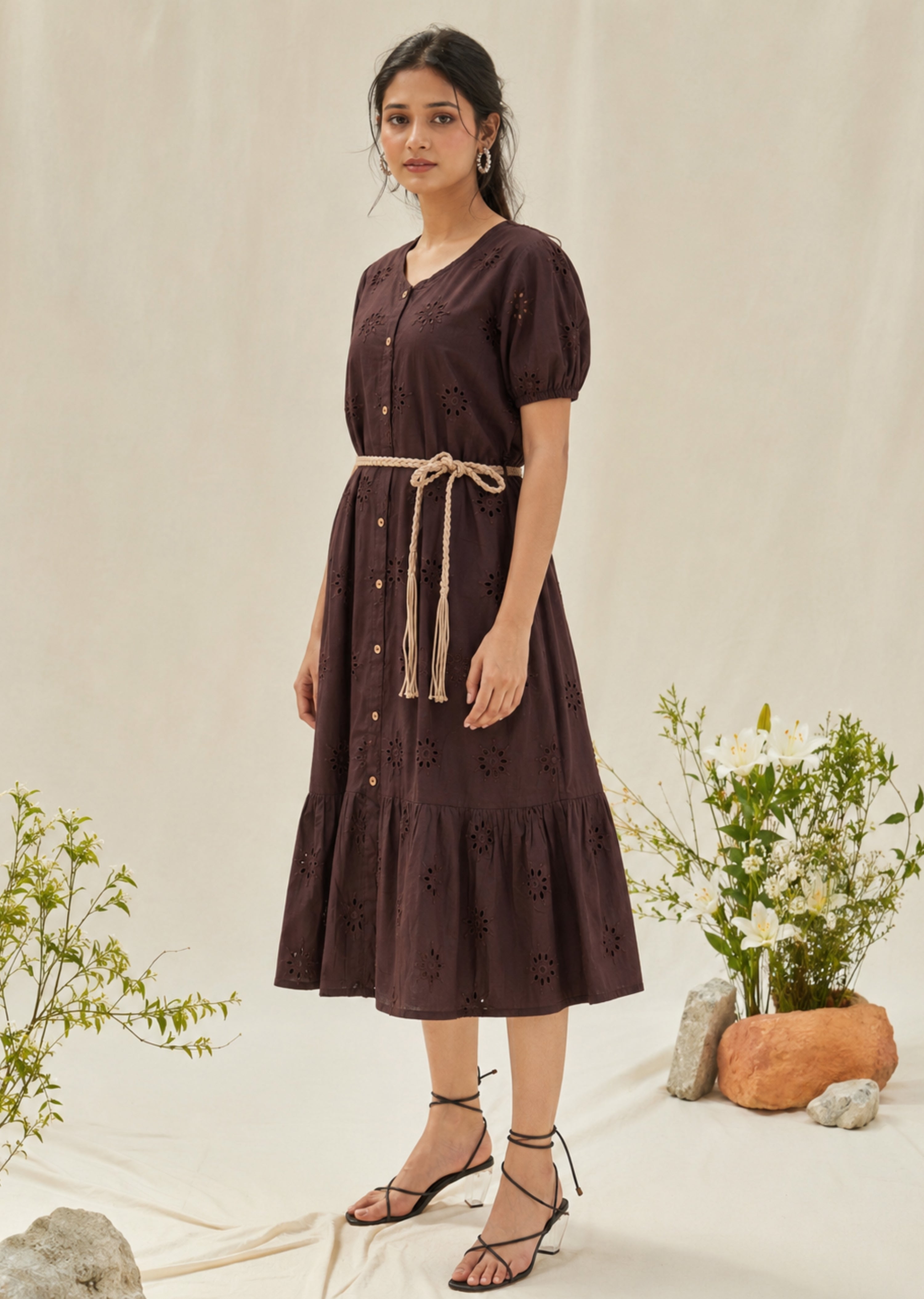 Brown Eyelet Cotton Dress