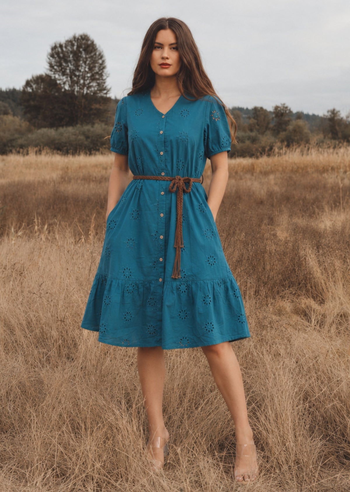 Teal Schiffli Button Midi Dress (Belt included)