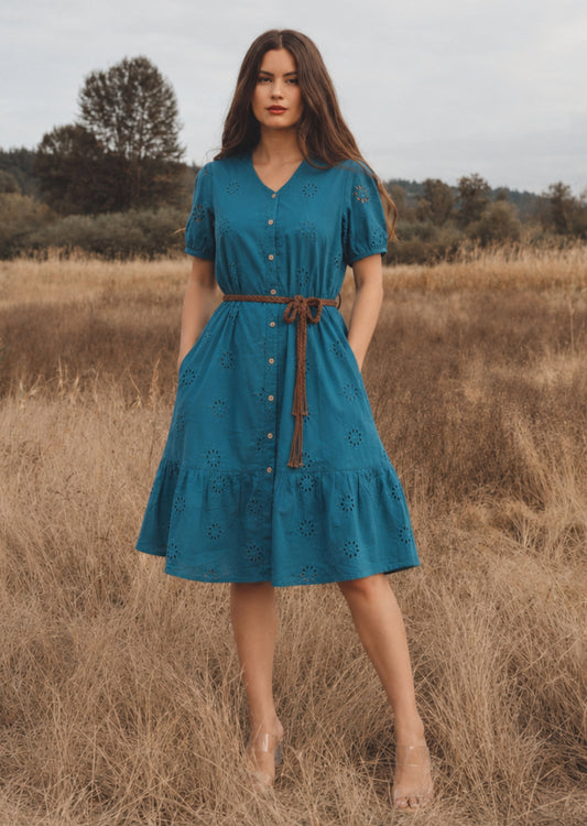 Teal Schiffli Button Midi Dress (Belt included)