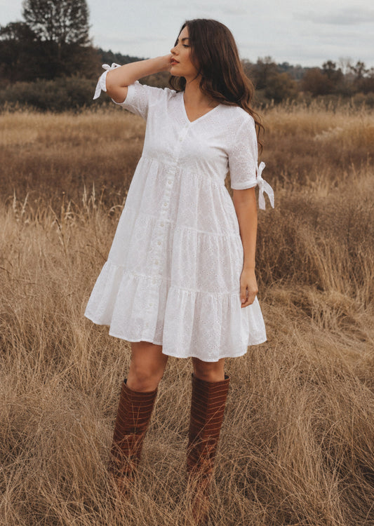 White Eyelet Embroidery Flared Summer Dress