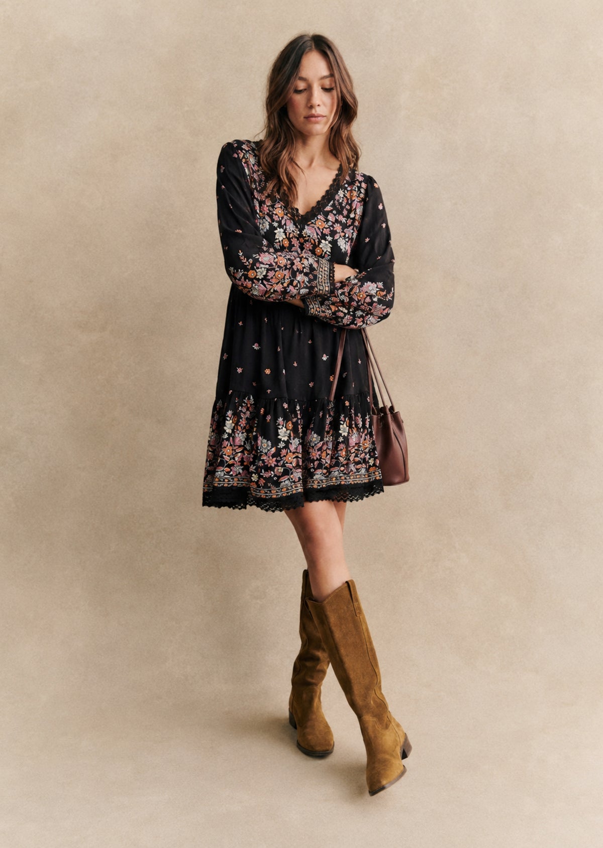Black Floral Printed Short Dress