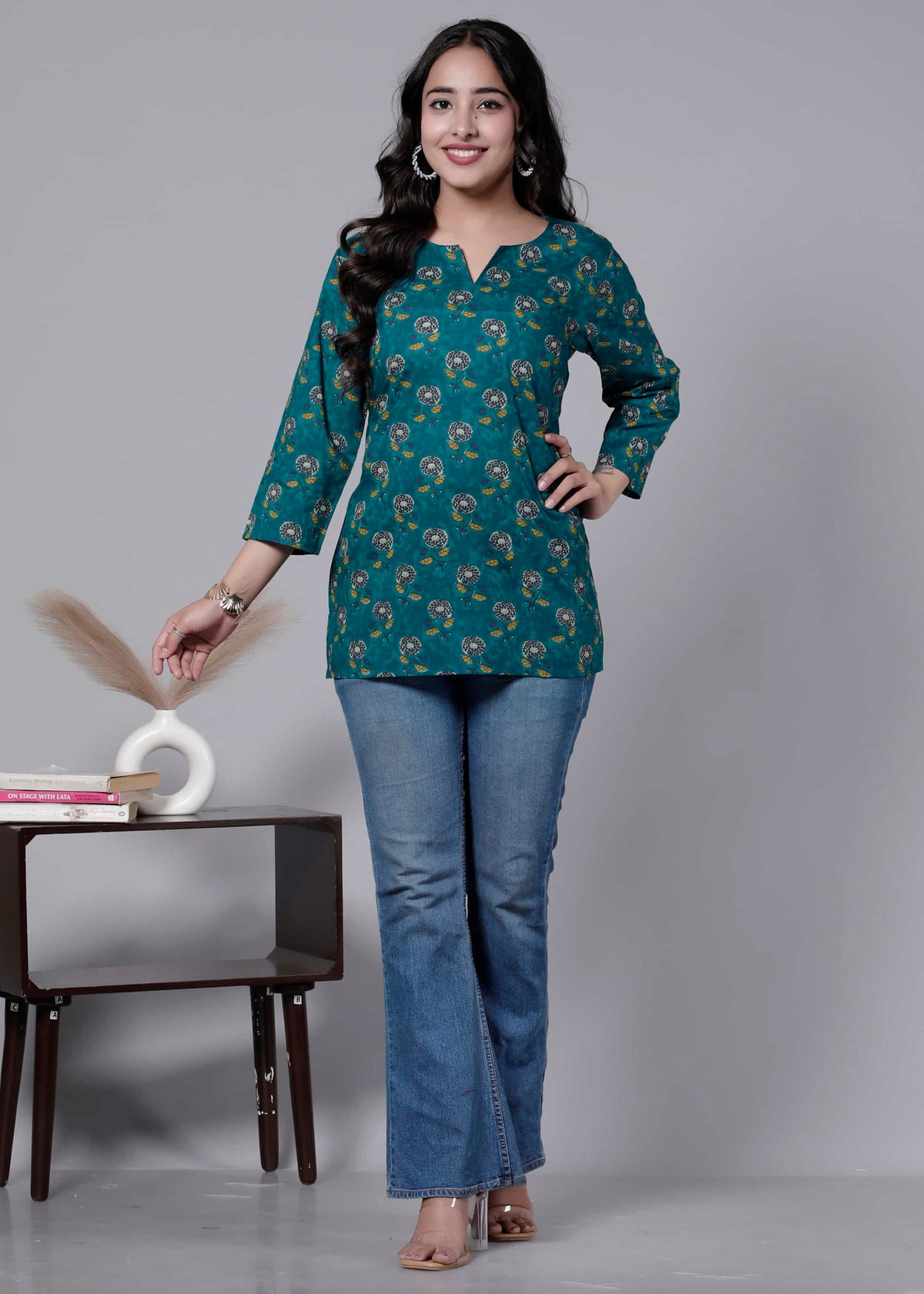 Blue Cotton Printed Kurti Top