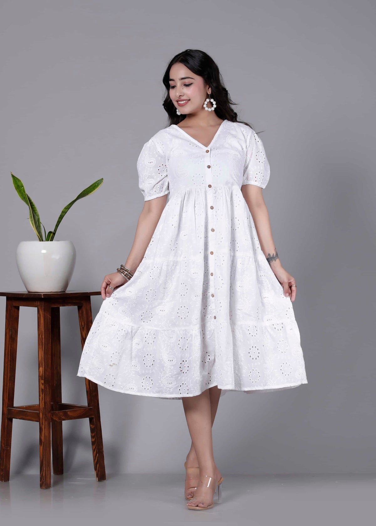 White Eyelet Cotton Puff Sleeve Tiered Dress