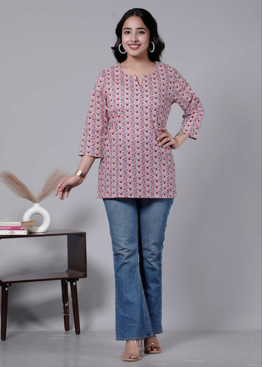Pink Cotton Printed Kurti Top