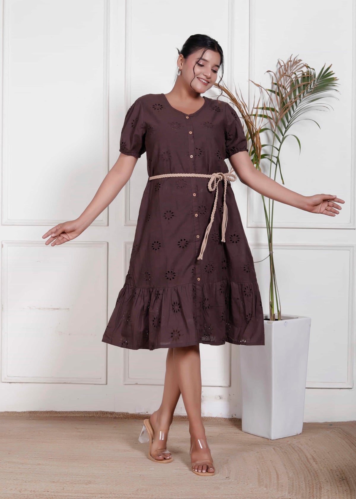 Brown Eyelet Cotton Dress