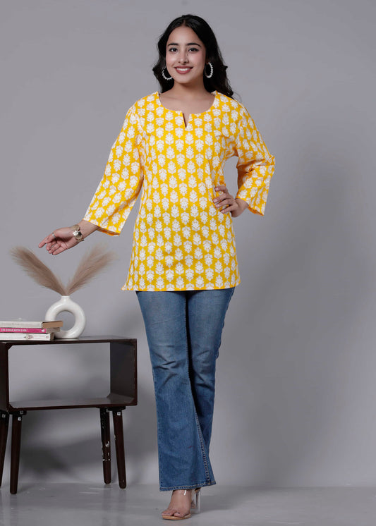 Yellow Cotton Printed Kurti Top