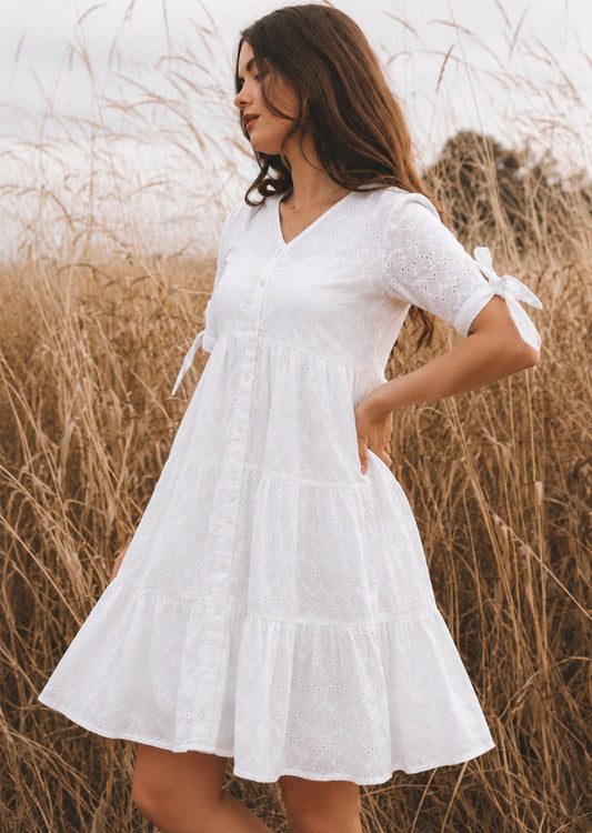 White Eyelet Embroidery Flared Summer Dress