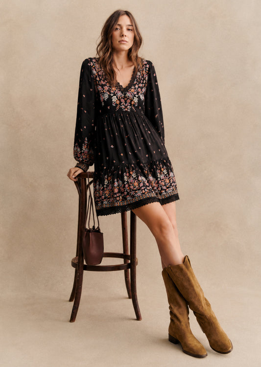 Black Floral Printed Short Dress