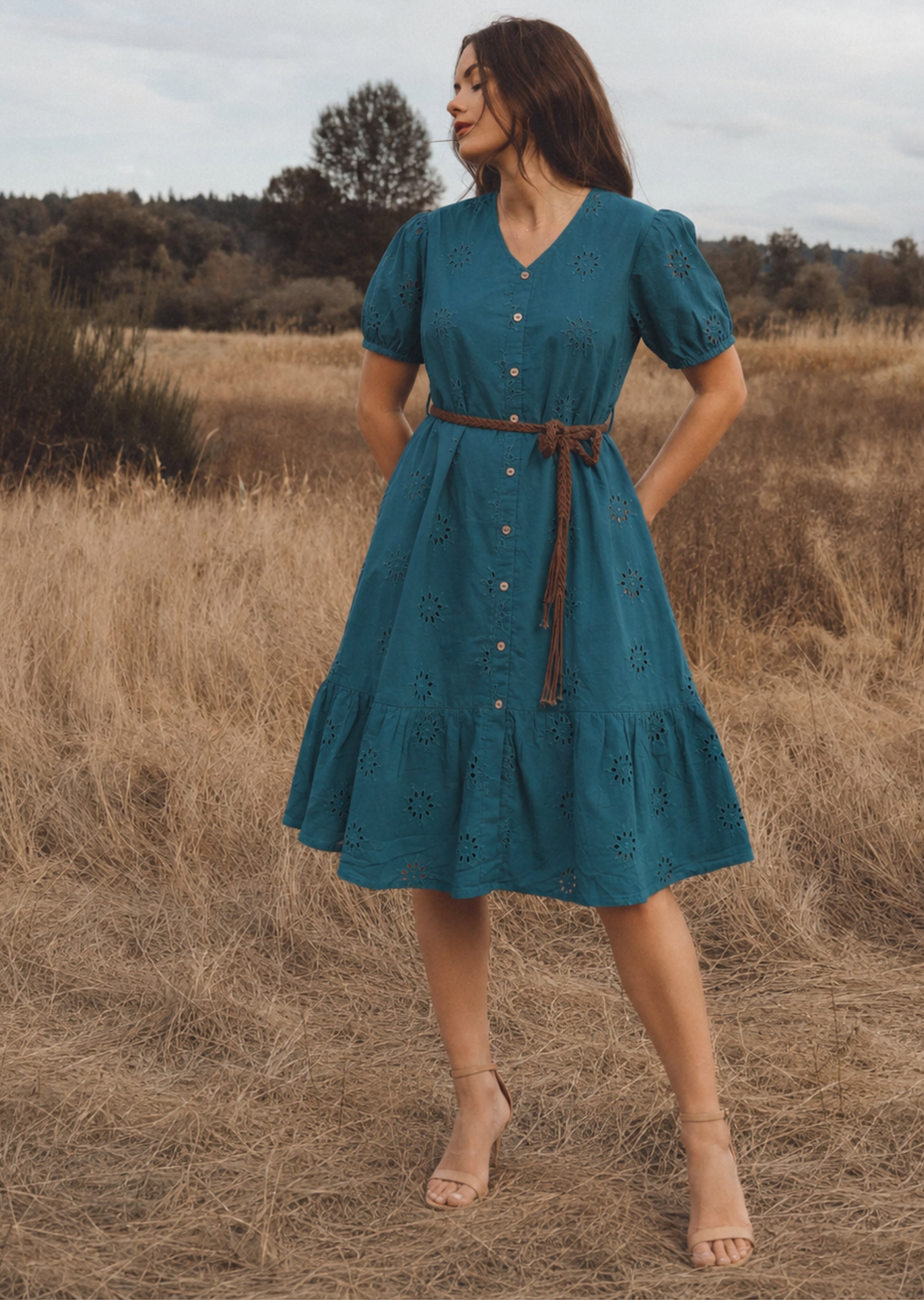 Teal Schiffli Button Midi Dress (Belt included)
