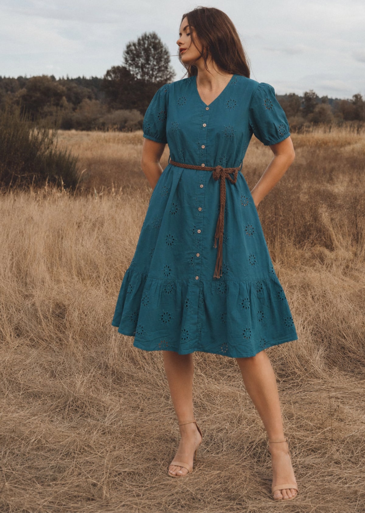 Teal Schiffli Button Midi Dress (Belt included)