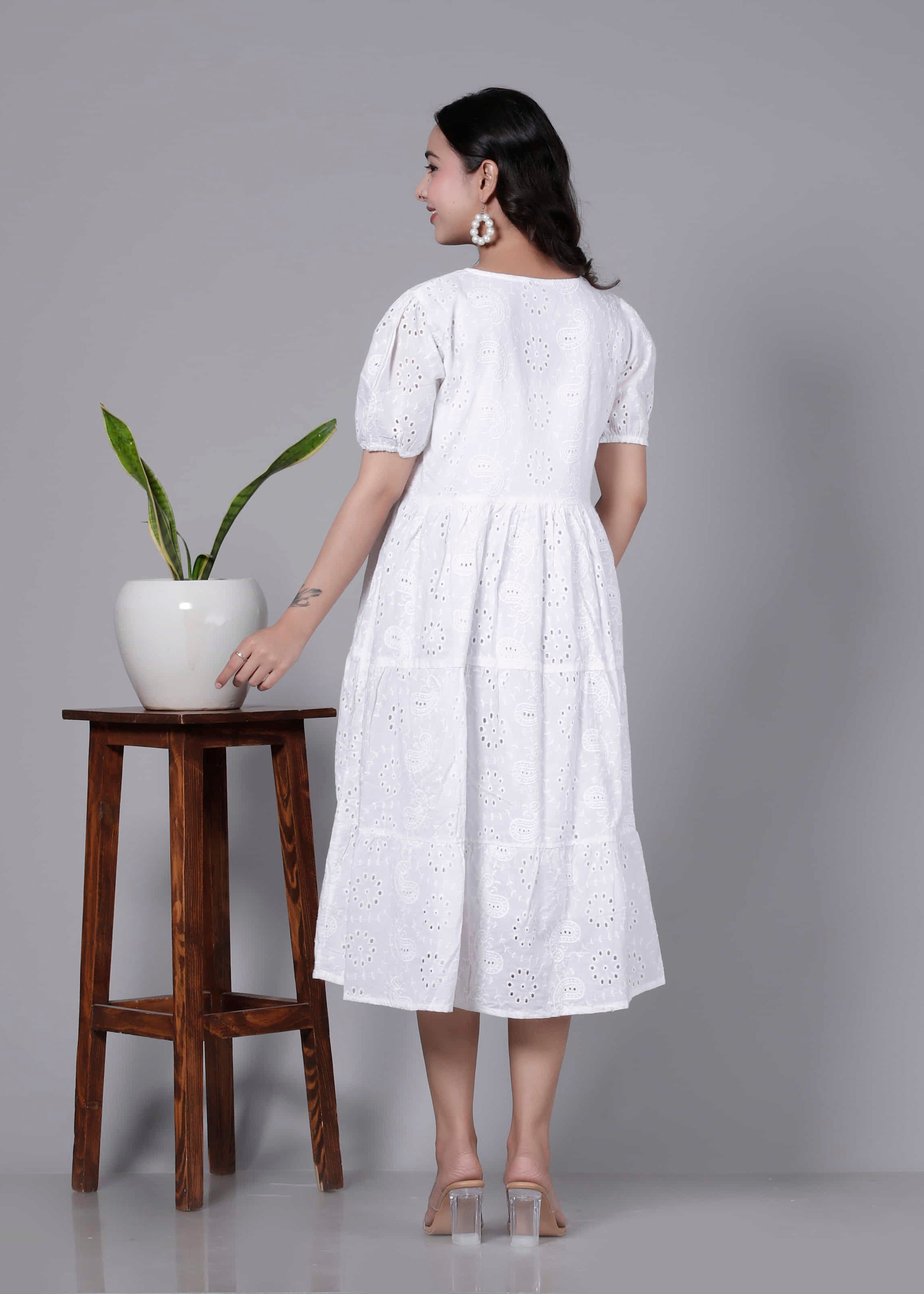 White Eyelet Cotton Puff Sleeve Tiered Dress